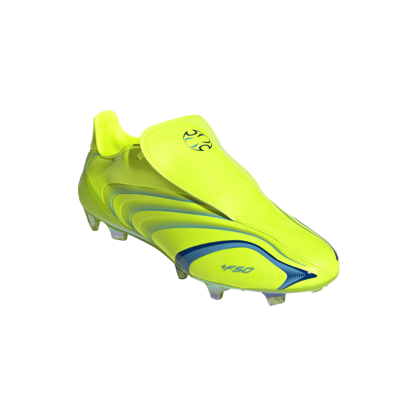 A neon yellow soccer cleat with blue swirling designs and a lace cover, featuring +F50 branding.