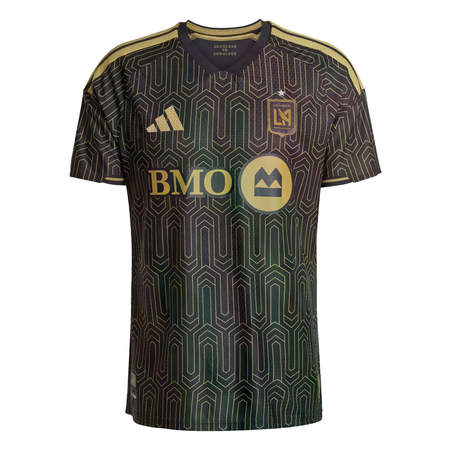 Los Angeles Football Club jersey featuring a black and gold geometric Art Deco pattern, gold Adidas logo, LAFC crest, and BMO sponsor logo.