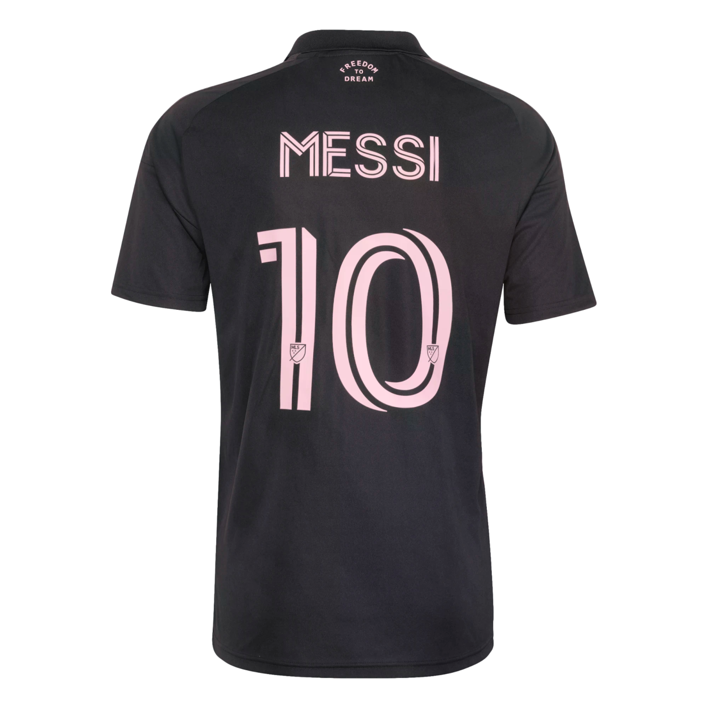 Back of a black Inter Miami soccer jersey featuring the name "MESSI" and number "10" in pink. Small "FREEDOM TO DREAM" text is printed near the collar.