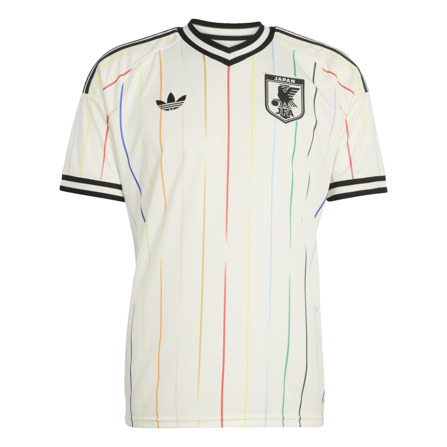 White Adidas Japan jersey with vertical rainbow pinstripes, black trefoil logo, and JFA crest. Black and white striped collar and sleeve cuffs.