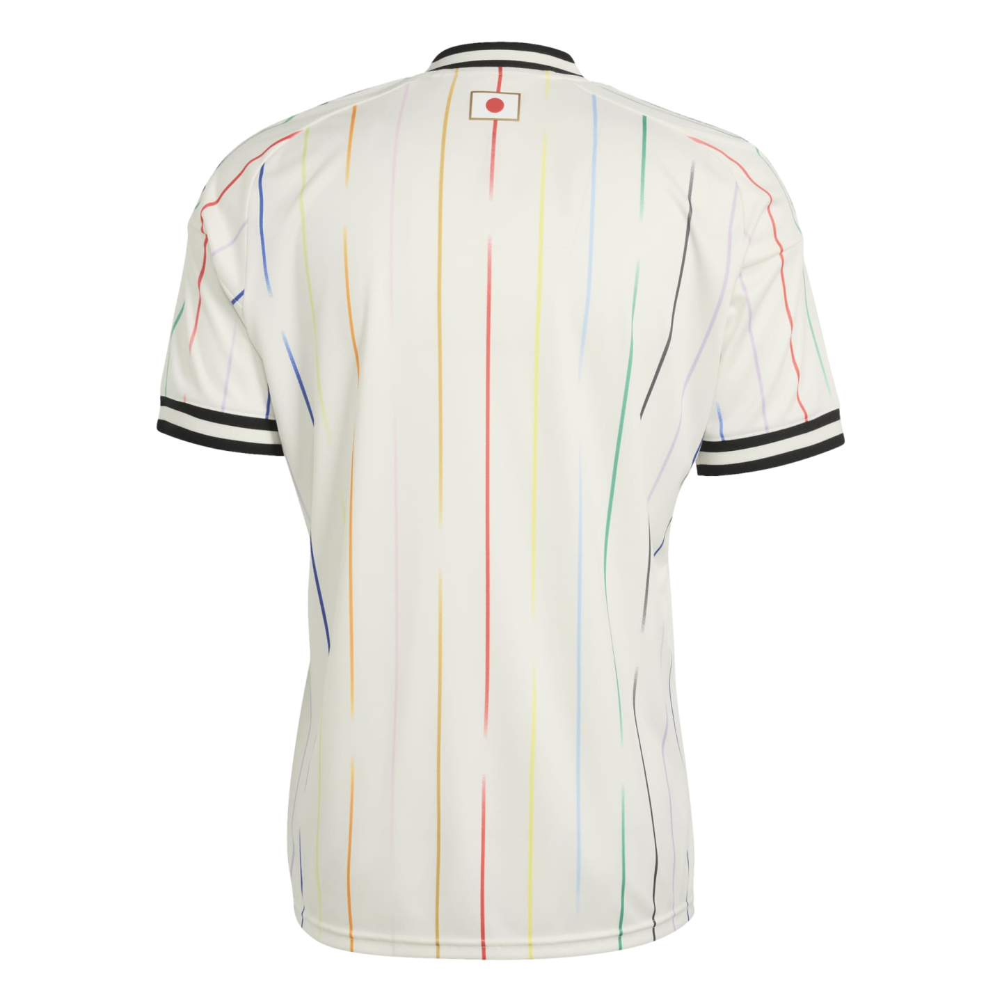 Back of a white jersey with rainbow vertical pinstripes, a small Japanese flag at the top center, and black and white striped trim on the collar and cuffs.