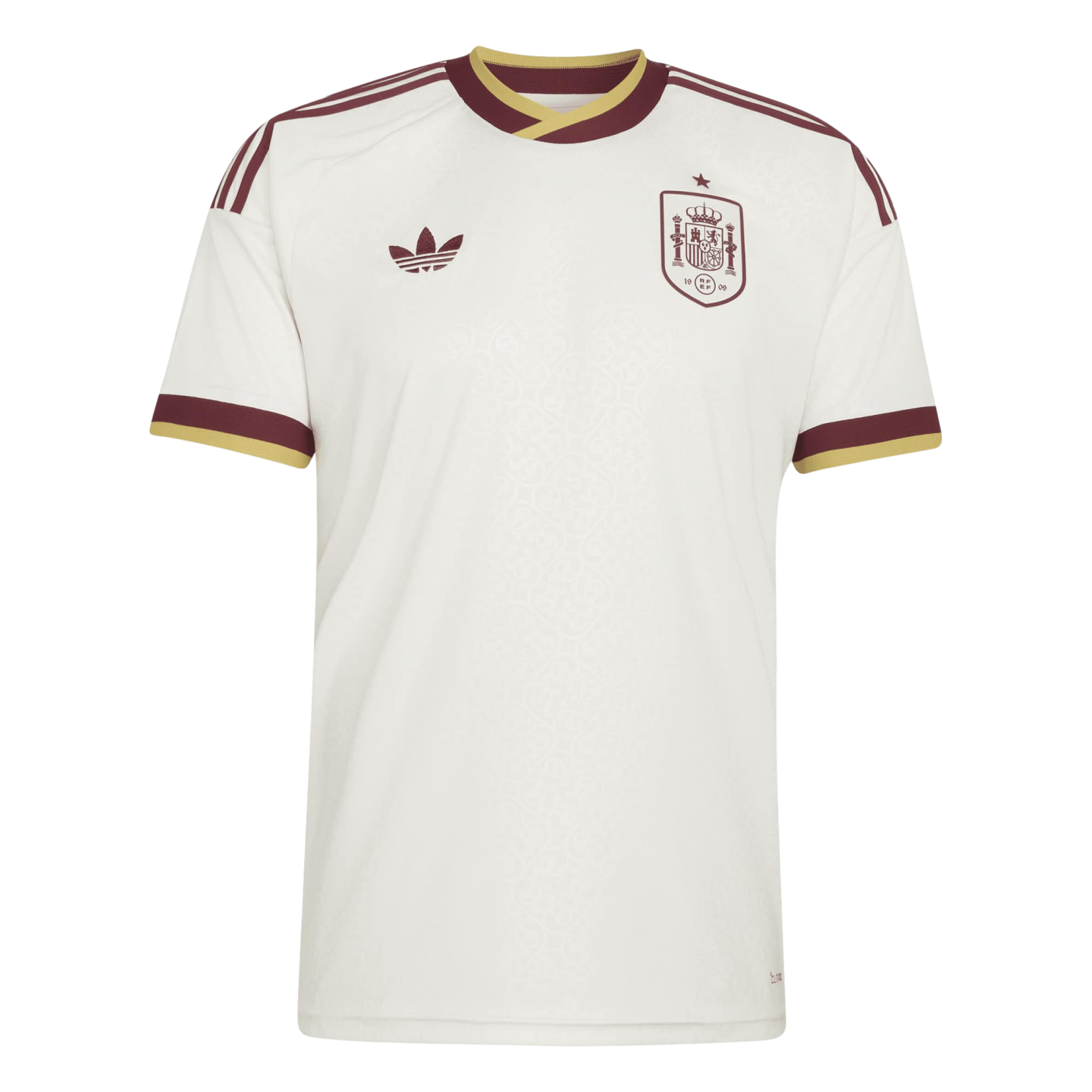 White Spain national team soccer jersey with maroon and gold accents. Features Adidas trefoil and team crest on the chest, and three stripes on the shoulders.