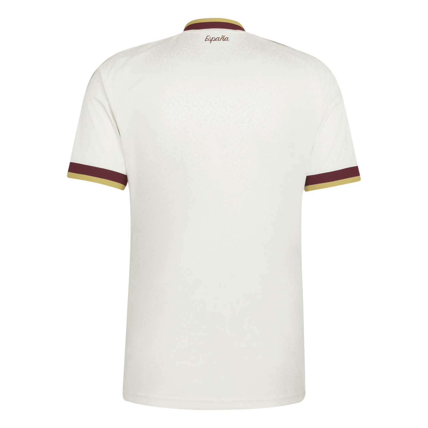 Back view of a white sports jersey with maroon and gold trim on the collar and sleeves. "España" is printed in maroon script on the upper back. The fabric has a subtle tonal pattern.