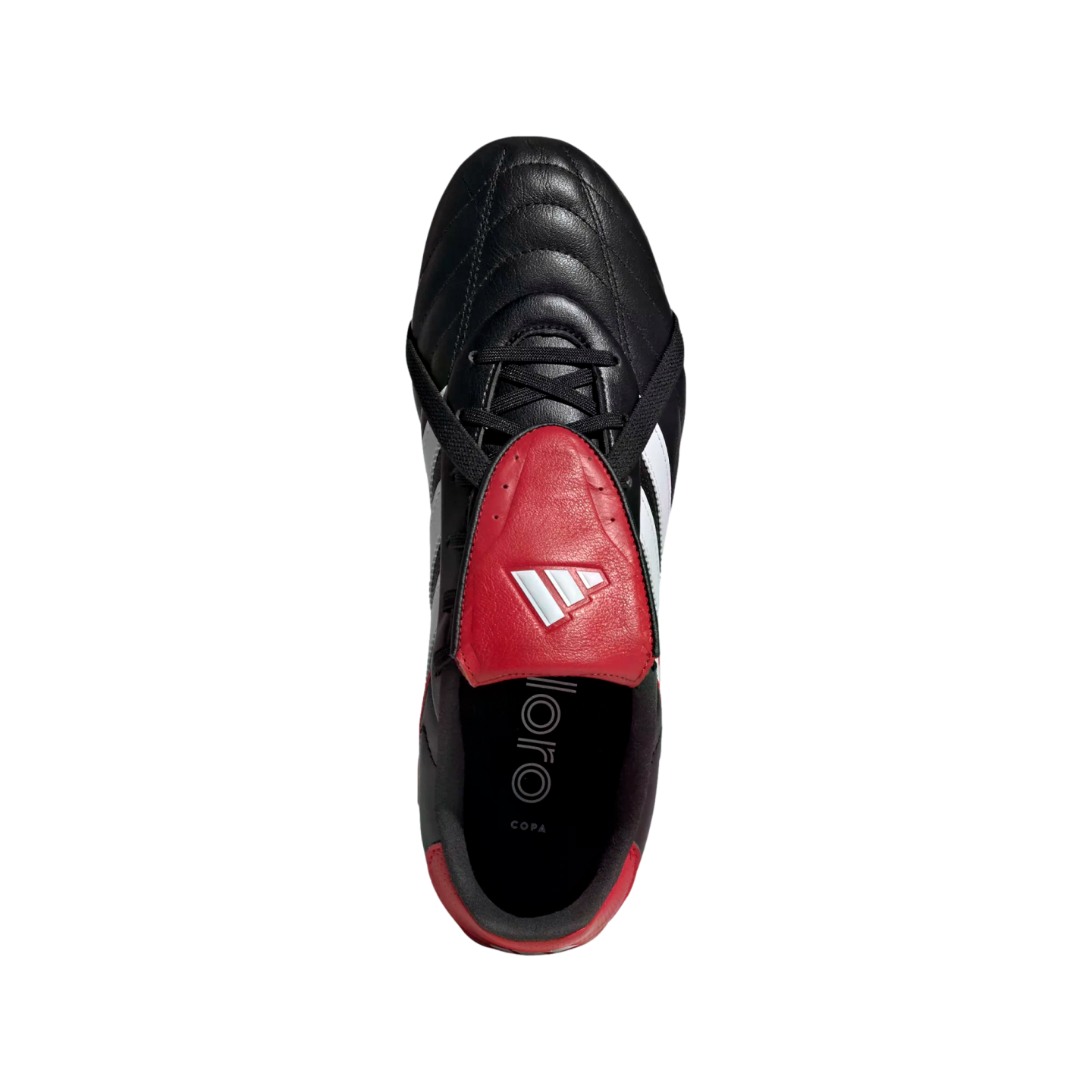 Top-down view of a black Adidas Copa Gloro soccer cleat with white side stripes and a red fold-over tongue.