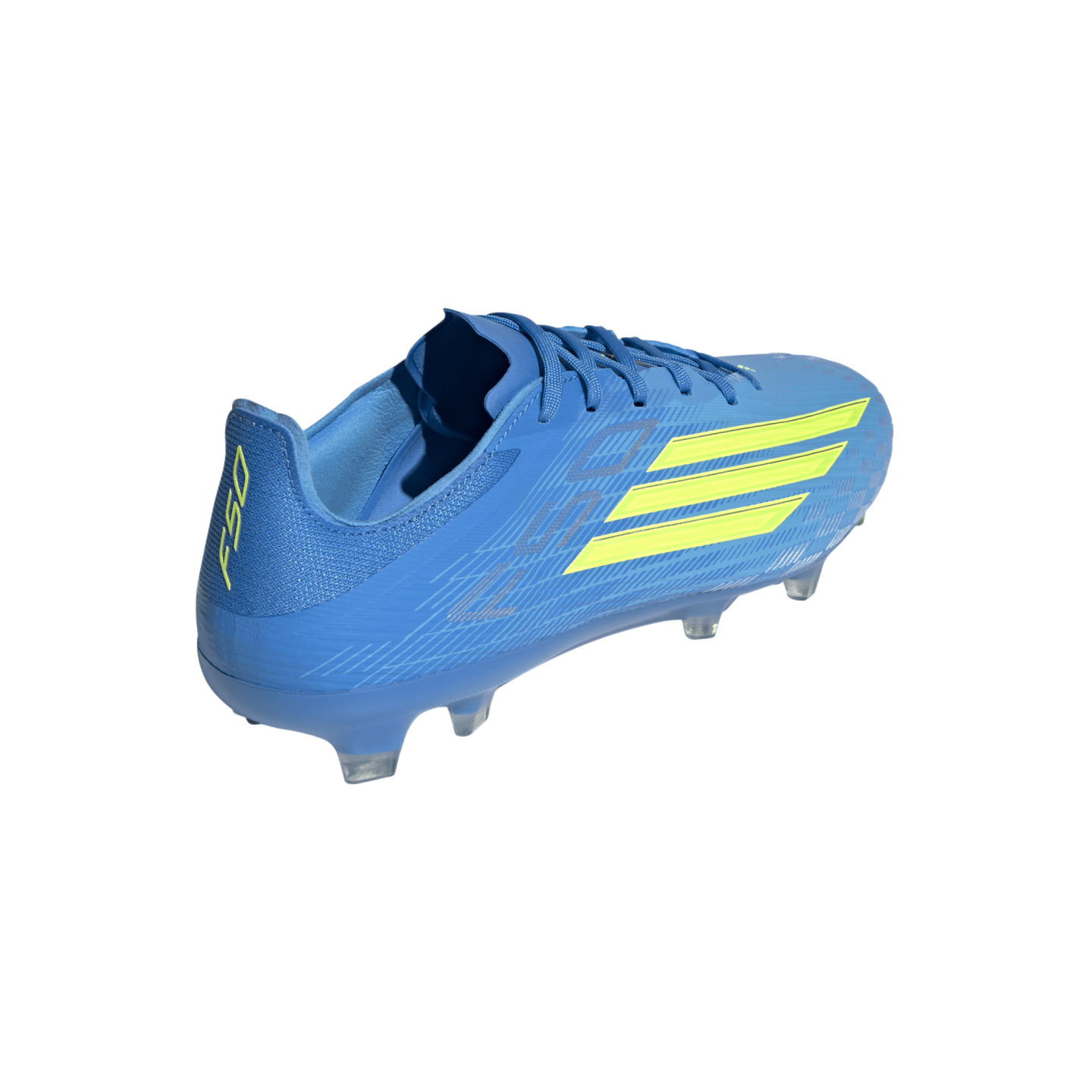 A blue soccer cleat with lime green accents and clear studs, shown from a rear-quarter perspective against a solid black background.