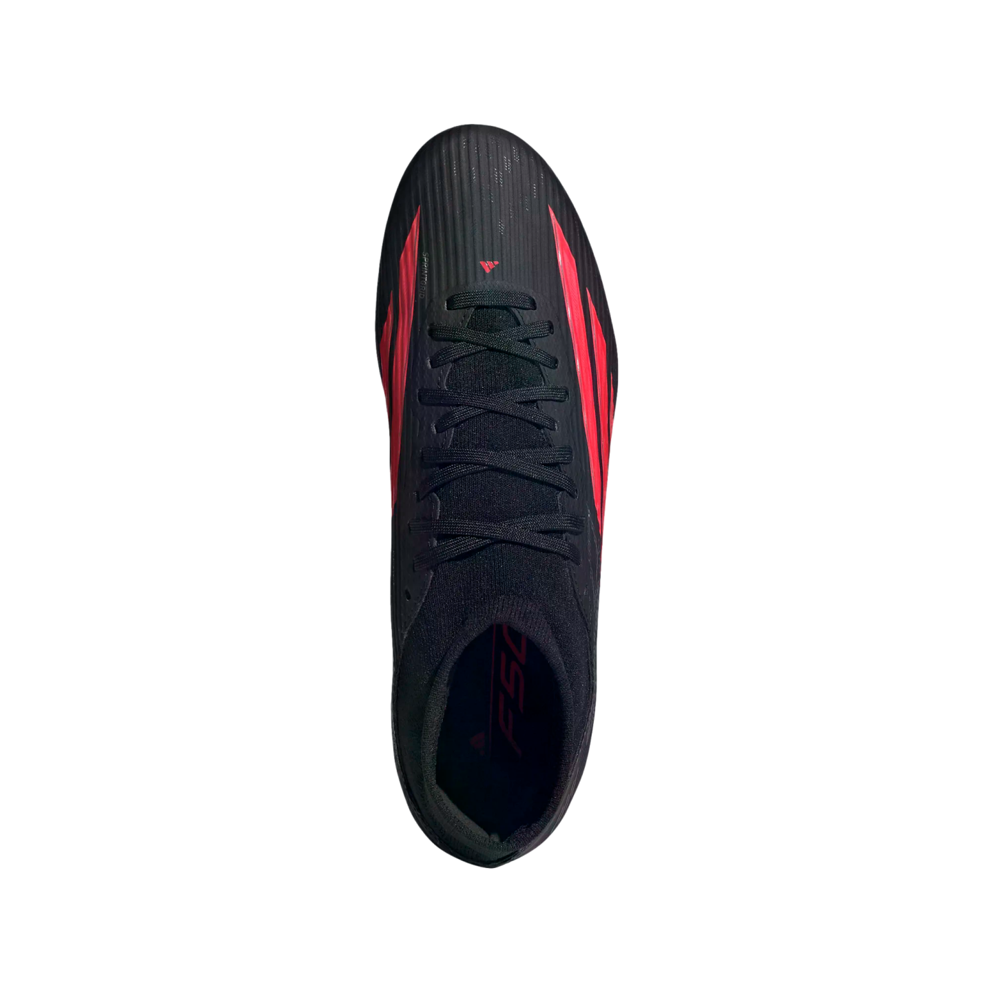 Top-down view of a black Adidas F50 soccer cleat with vibrant red accents, black laces, and a textured upper, set against a black background.