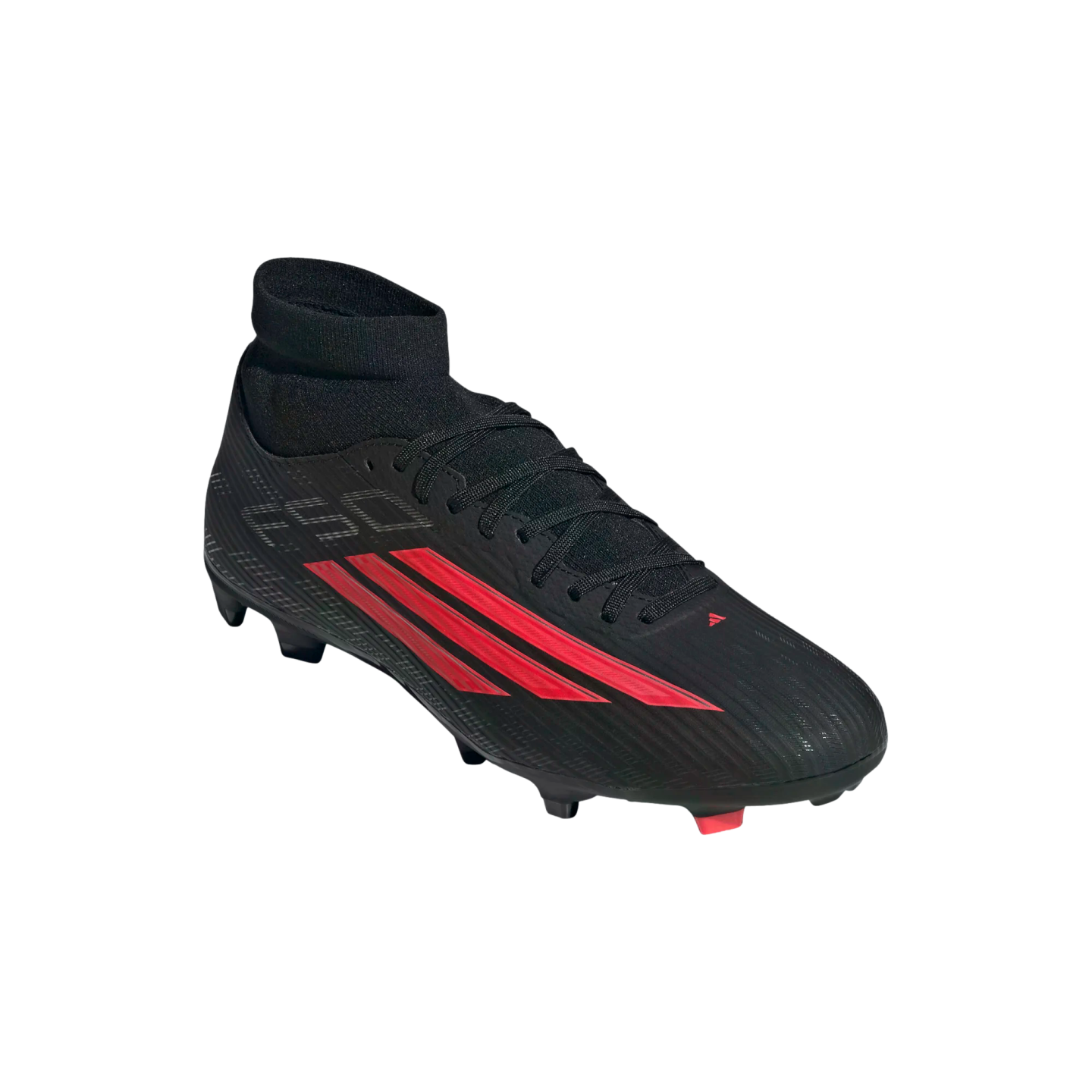 Black Adidas F50 soccer cleat with vibrant red diagonal stripes and a mid-cut ankle collar, shown against a solid black background.