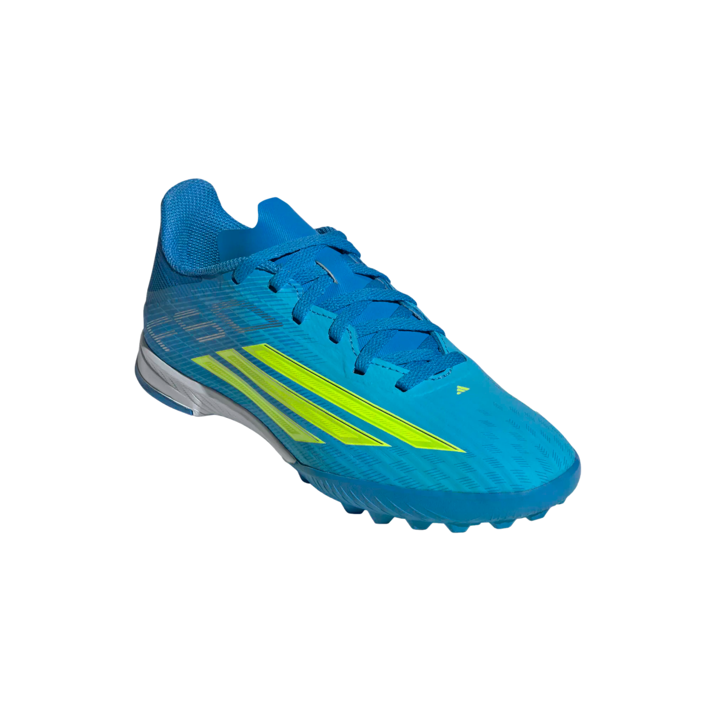 A bright blue Adidas soccer shoe with lime green accents, angled from the front/side against a solid black background. The shoe features blue laces and a multi-studded rubber outsole designed for artificial turf.