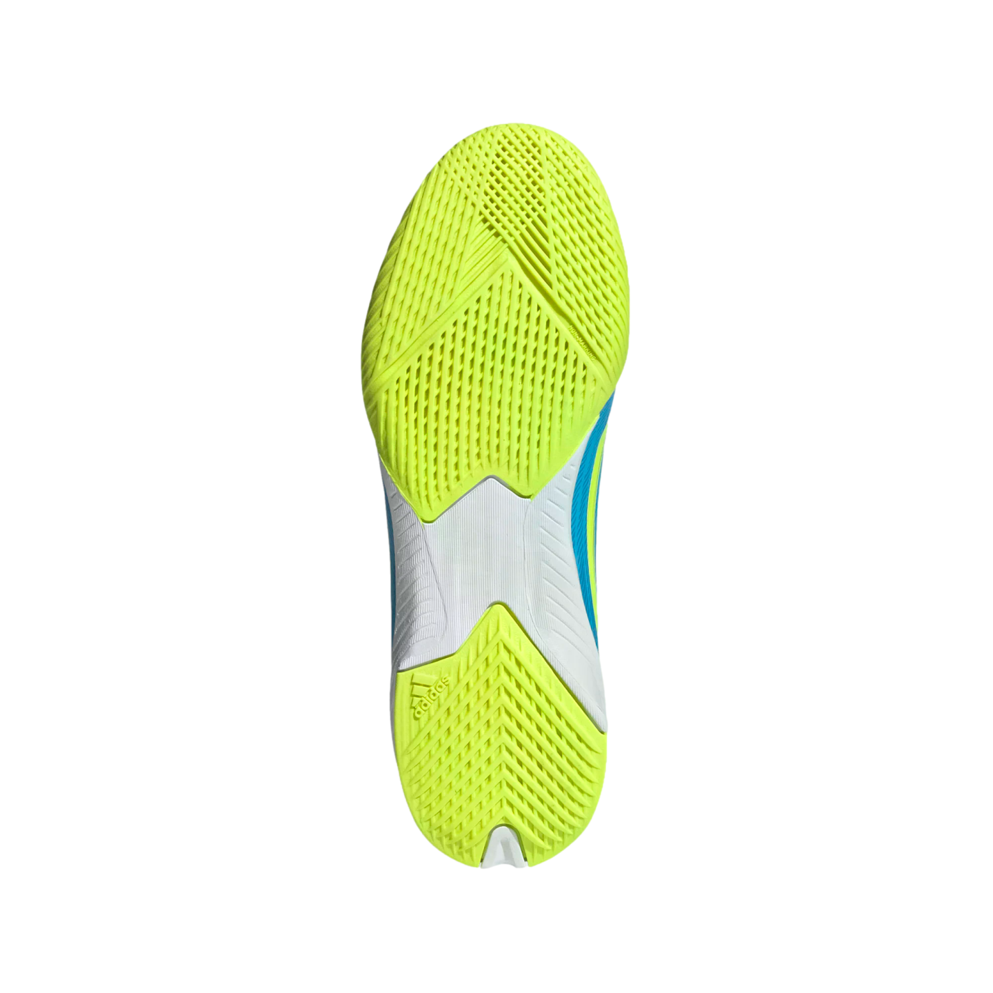 A top-down view of the sole of an Adidas athletic shoe against a black background. The outsole features bright neon yellow textured tread at the forefoot and heel, connected by a white midsection. The light blue side of the shoe is visible along the edges.