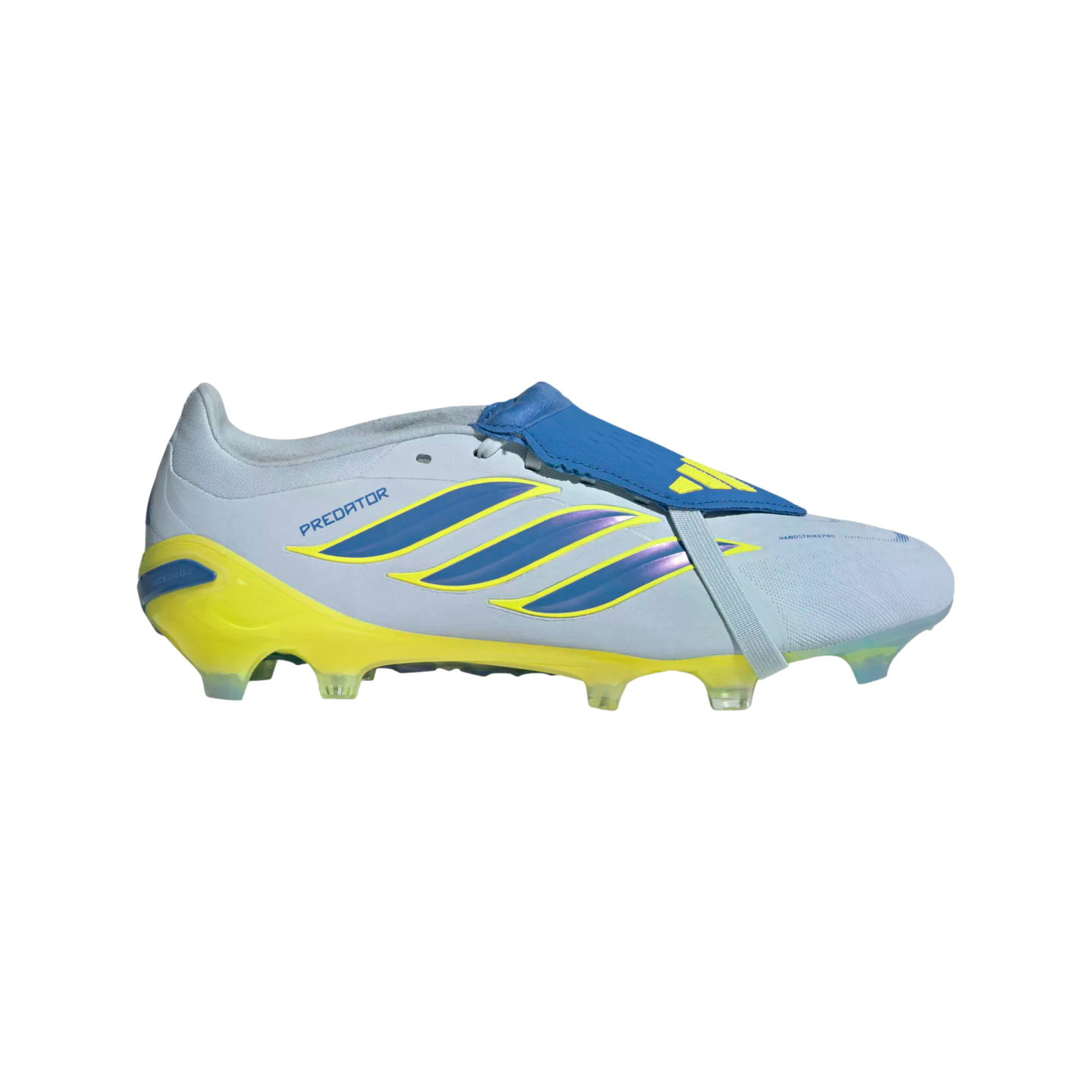 A lateral profile view of an Adidas Predator soccer cleat featuring a pale blue upper, a bright yellow studded soleplate, and three iridescent blue stripes outlined in yellow. A dark blue fold-over tongue with a yellow logo is held in place by a light blue elastic strap that wraps under the sole.