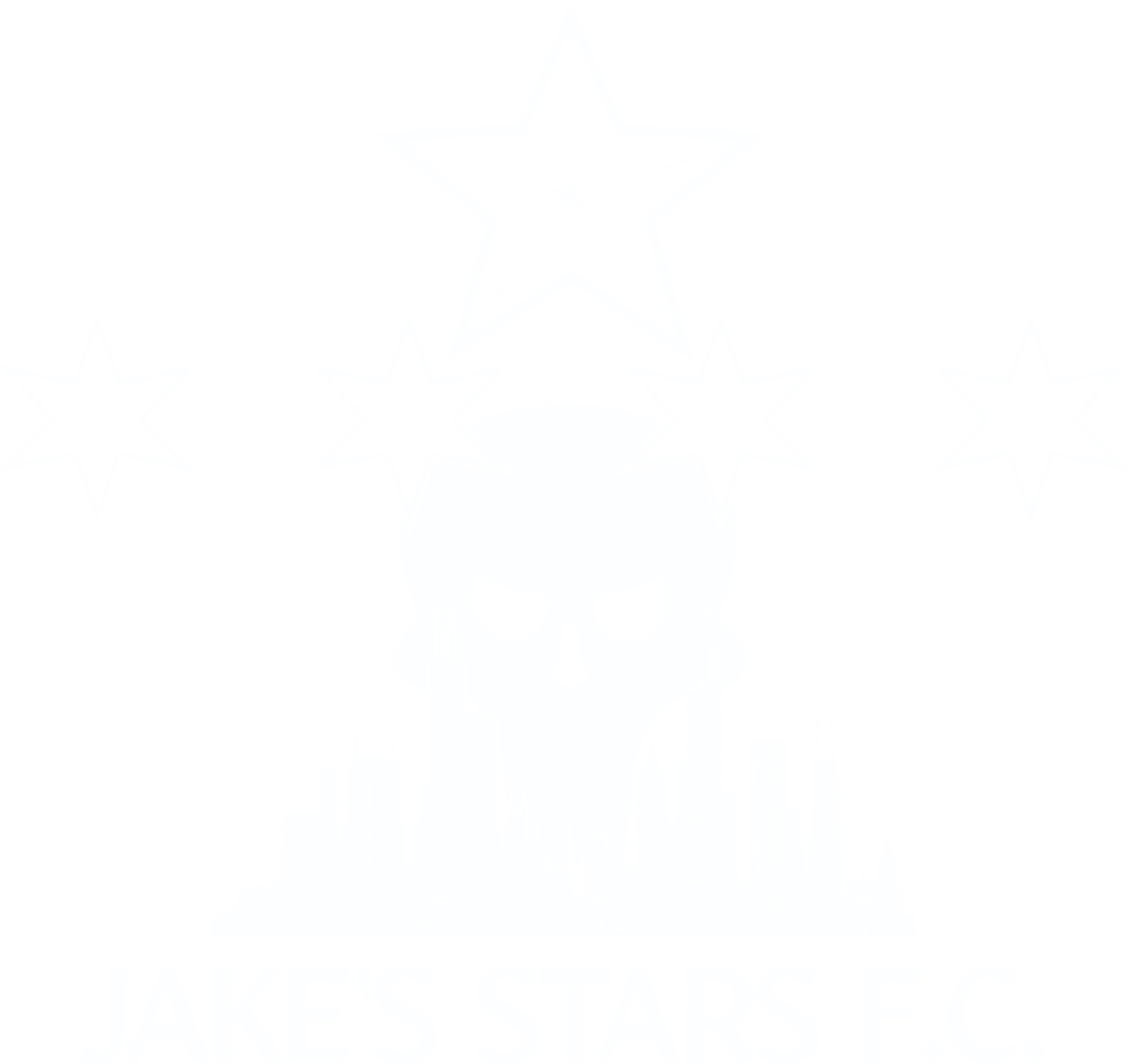 Logo for JAKE'S STARS F.C. in white on black. A skull is set behind a city skyline under one large star and four smaller six-pointed stars.