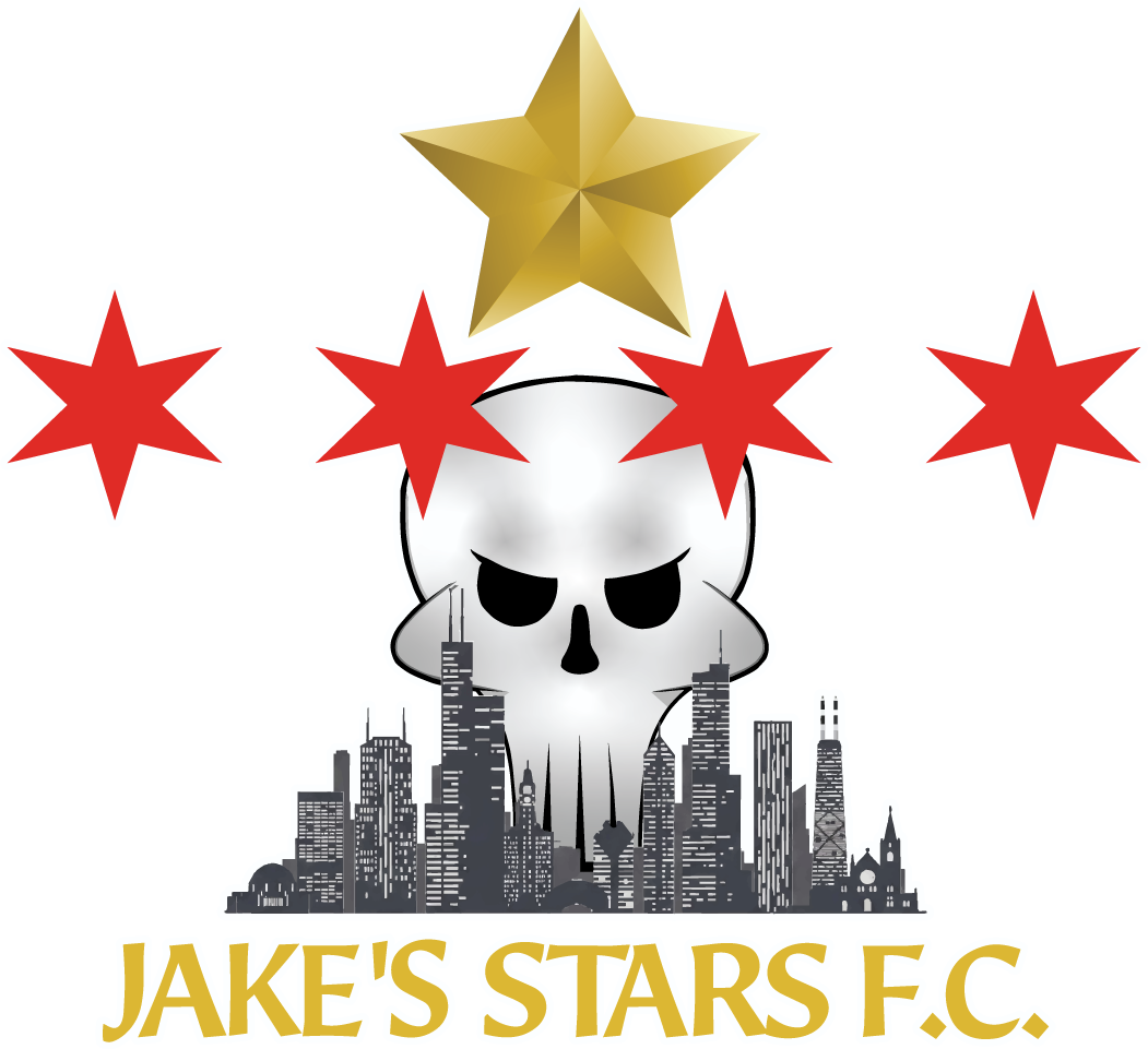 Logo for JAKE'S STARS F.C. featuring a grey cityscape silhouette, a white skull, four red six-pointed stars, and a large gold star at the top.