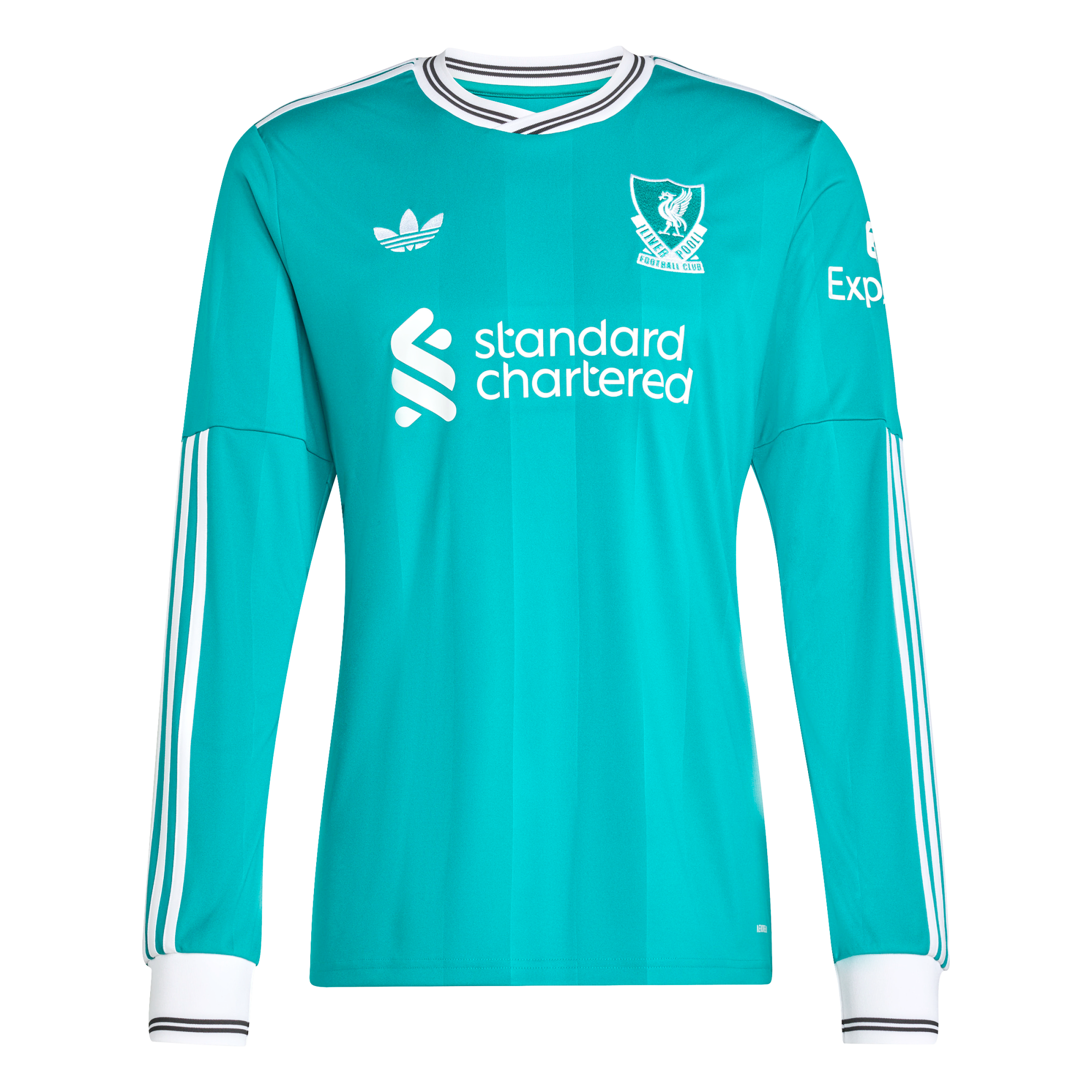 A teal long-sleeved Liverpool F.C. jersey with white striped trim, featuring the Adidas logo, club crest, and Standard Chartered sponsor.