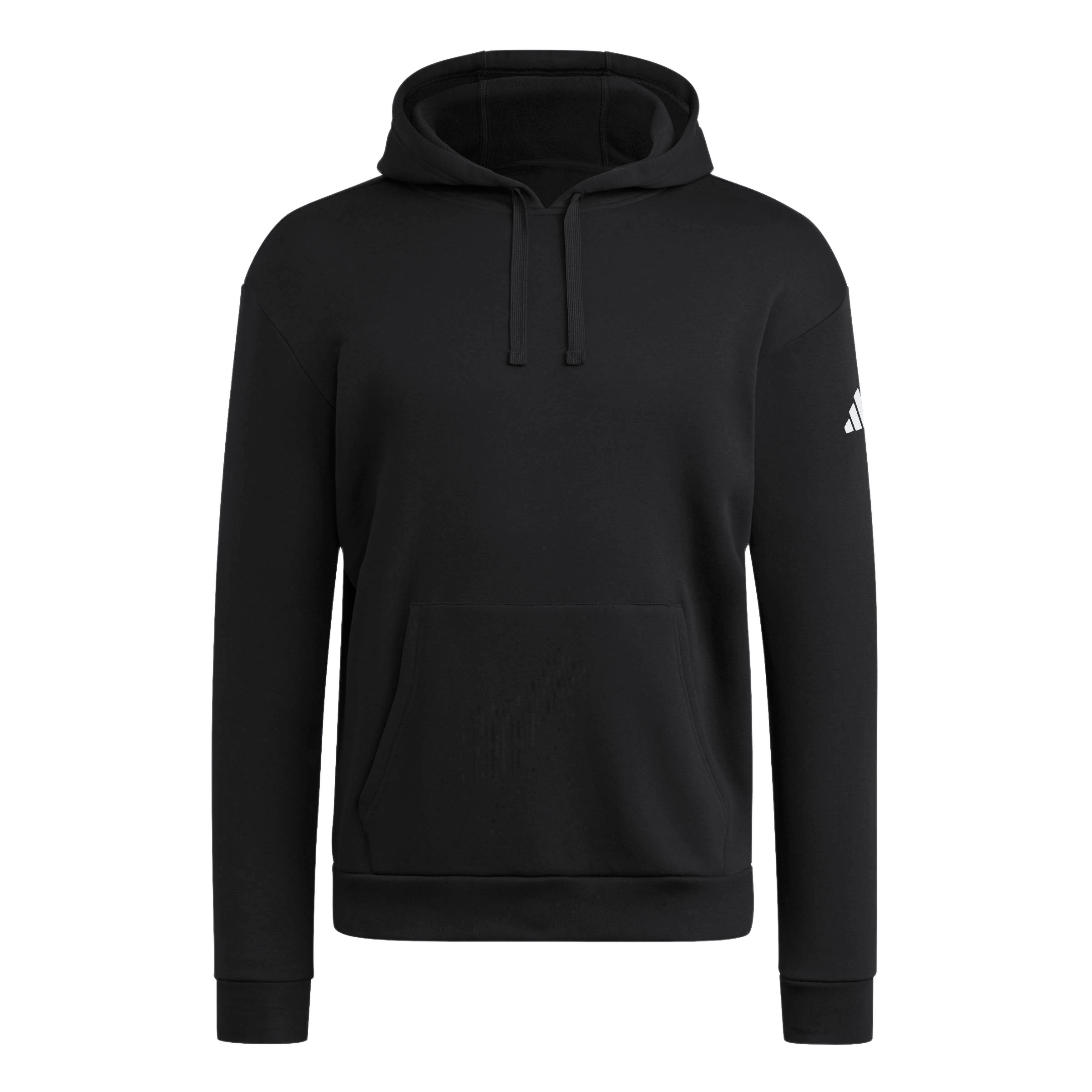 A black Adidas hoodie with a front kangaroo pocket and a small white logo on the left sleeve.