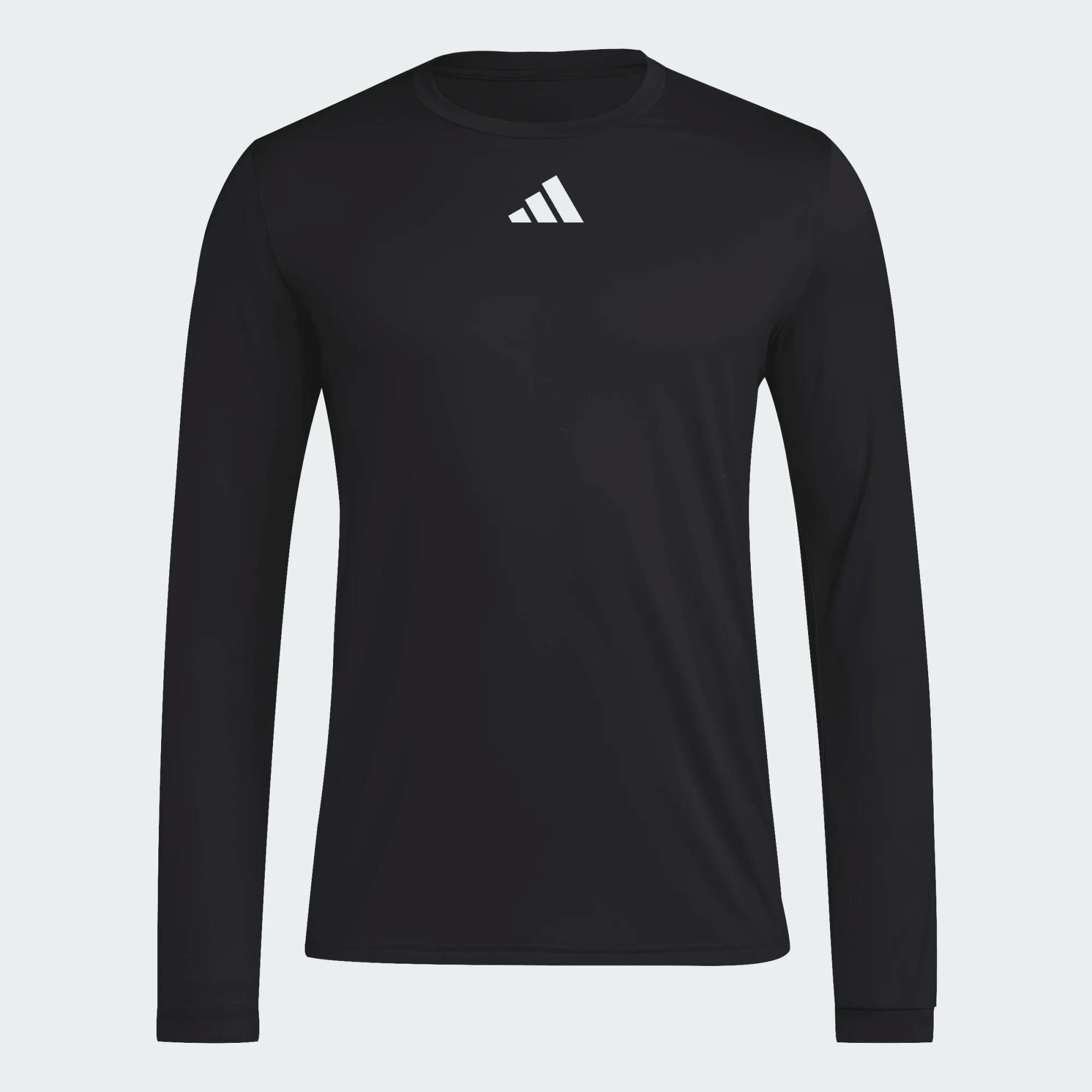 A black long-sleeved Adidas athletic shirt with a white logo centered on the chest, featuring a crew neckline against a plain light grey background.