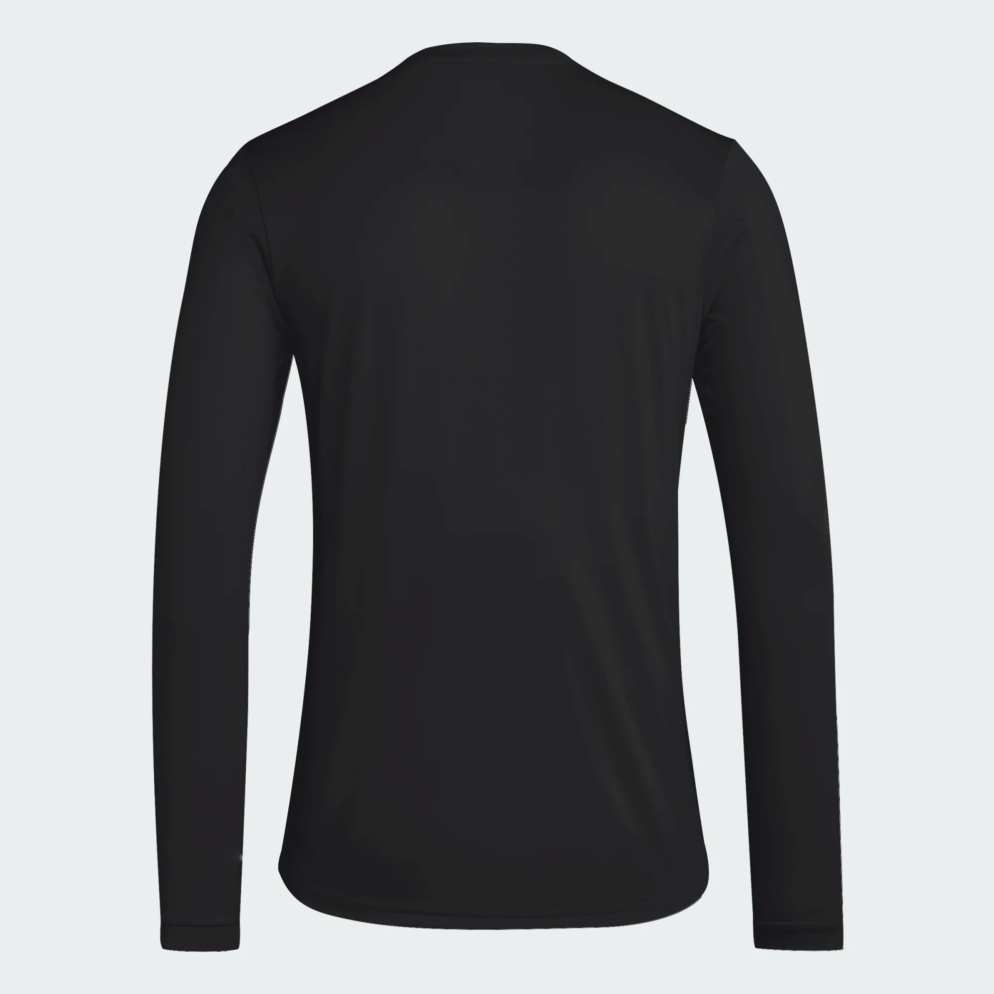 Back view of a solid black long-sleeved shirt on a plain light gray background.