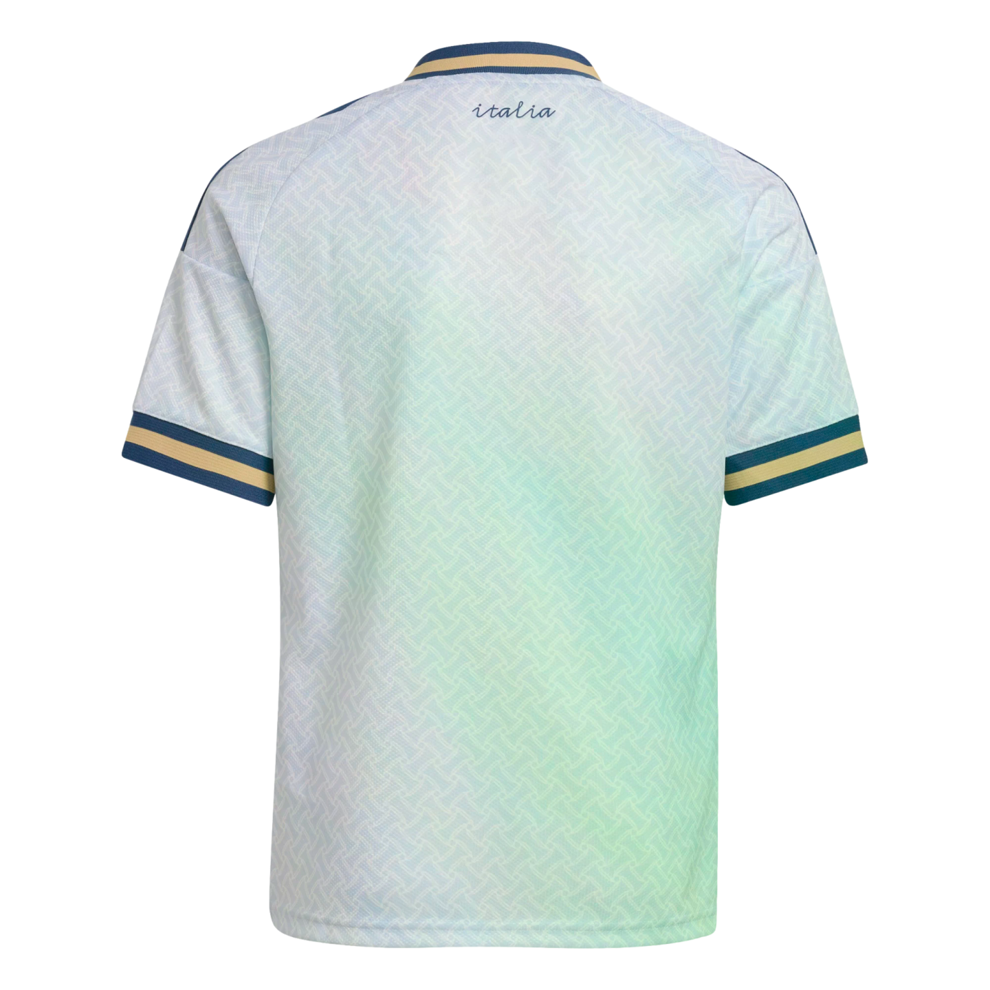 Back view of a white jersey with a geometric pattern, blue and gold trim on the collar and sleeves, and "italia" written in script below the neckline.