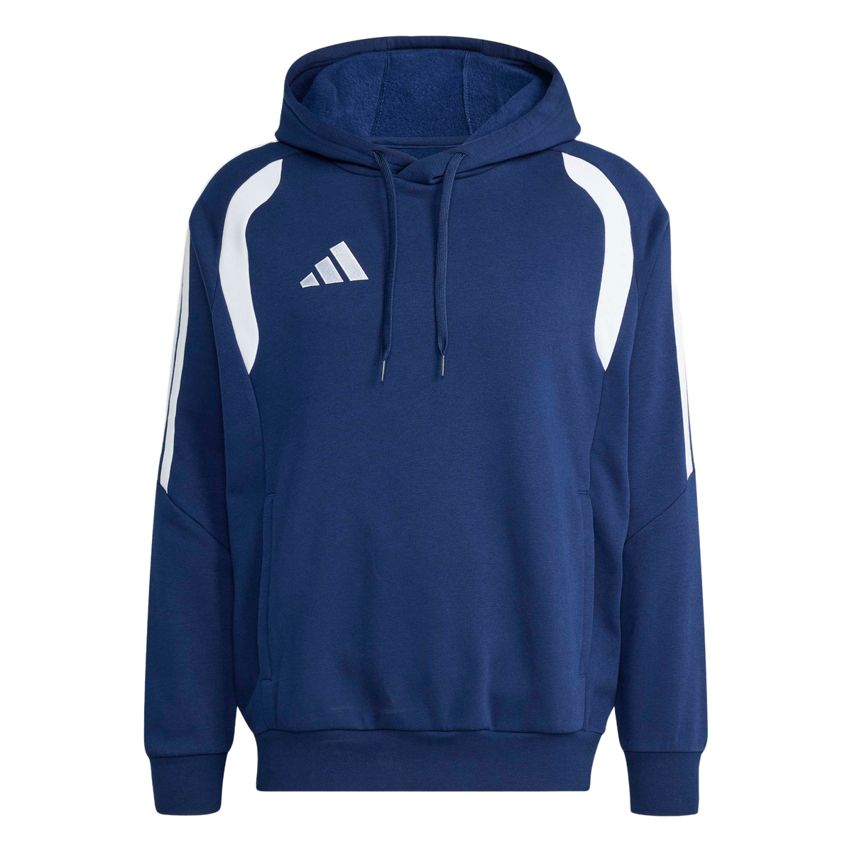Navy blue Adidas hoodie with white curved shoulder panels, three-stripe sleeve accents, and a white chest logo. It features a drawstring hood and a front pouch pocket.