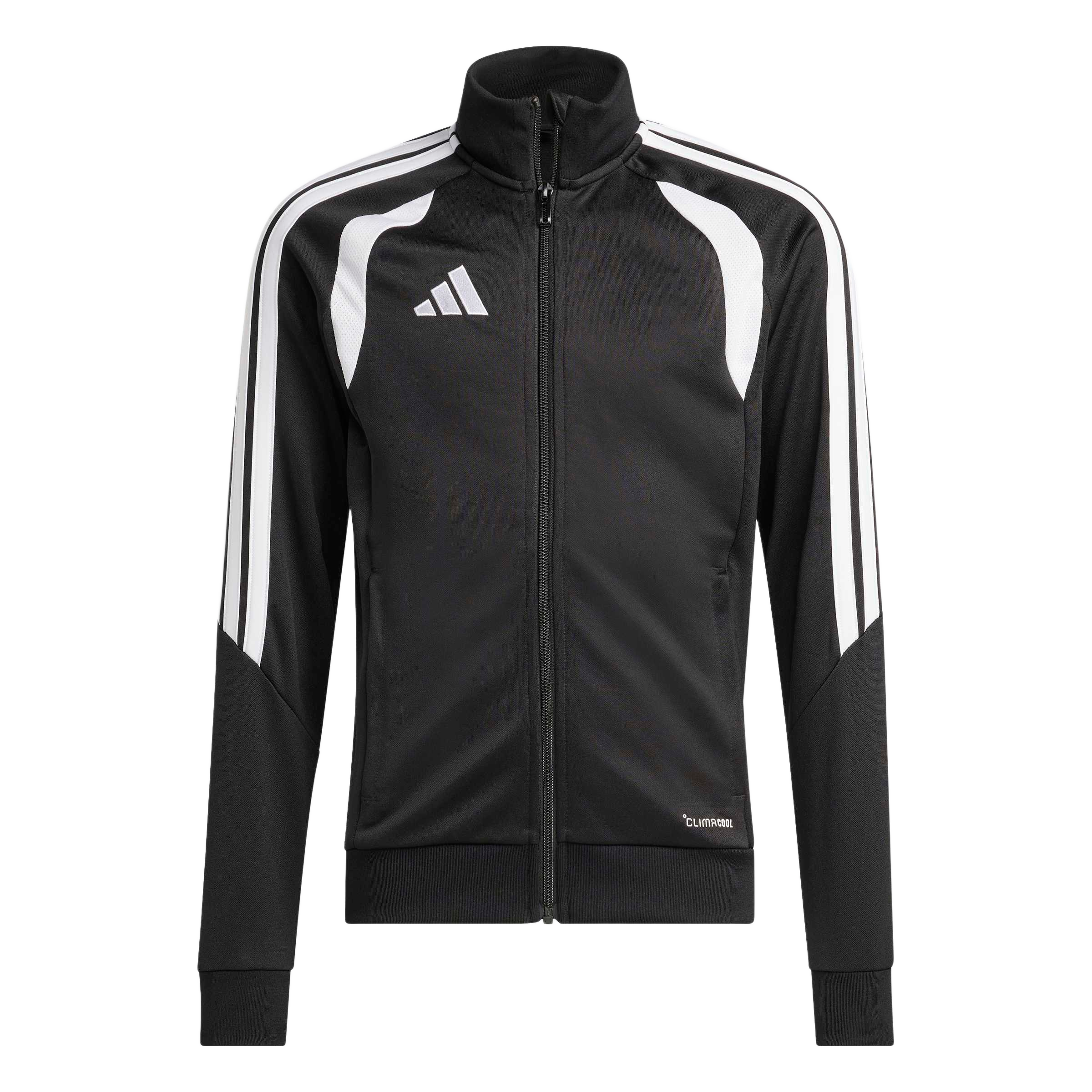 Black Adidas full-zip track jacket featuring white shoulder panels, iconic three-stripe sleeves, and a white chest logo.