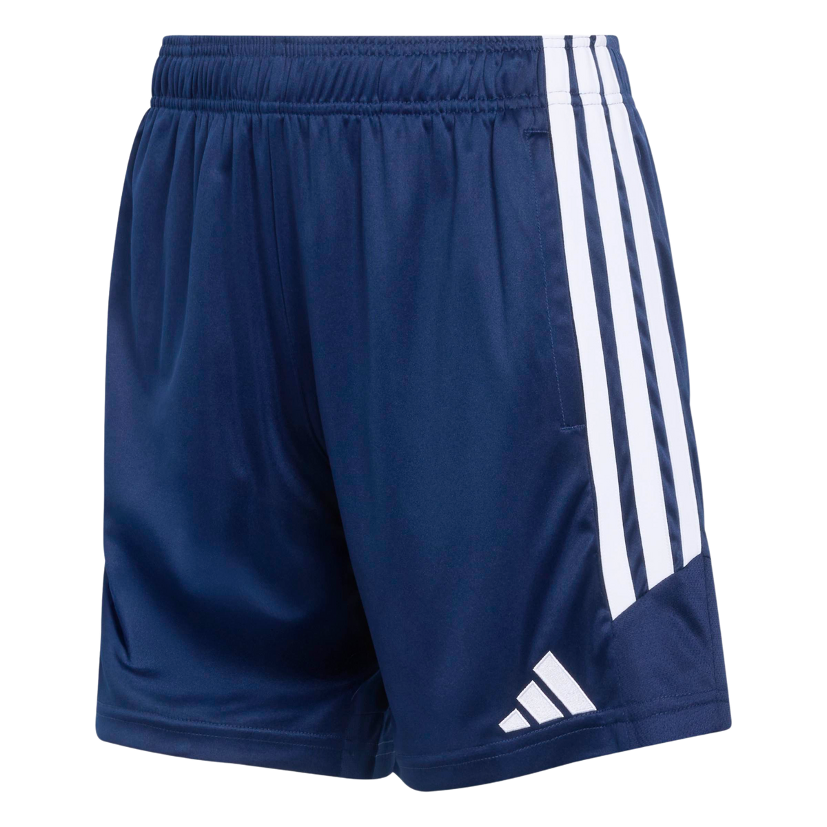 Navy blue Adidas sports shorts with three white vertical stripes on the side and a white logo on the lower left leg.