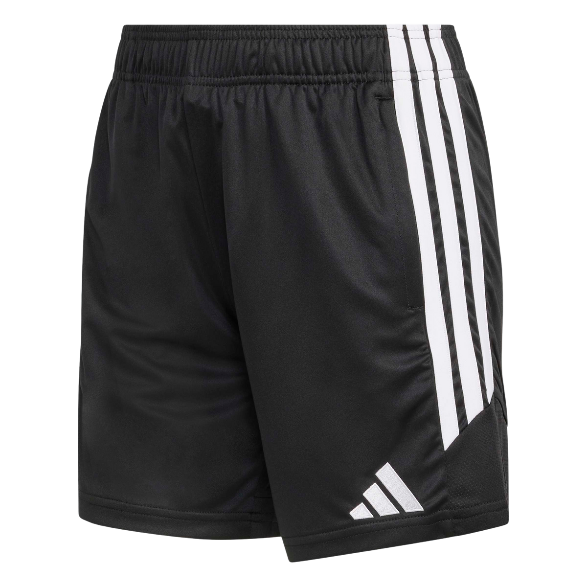 Black Adidas athletic shorts featuring three white vertical stripes on the side and a white brand logo near the hem.