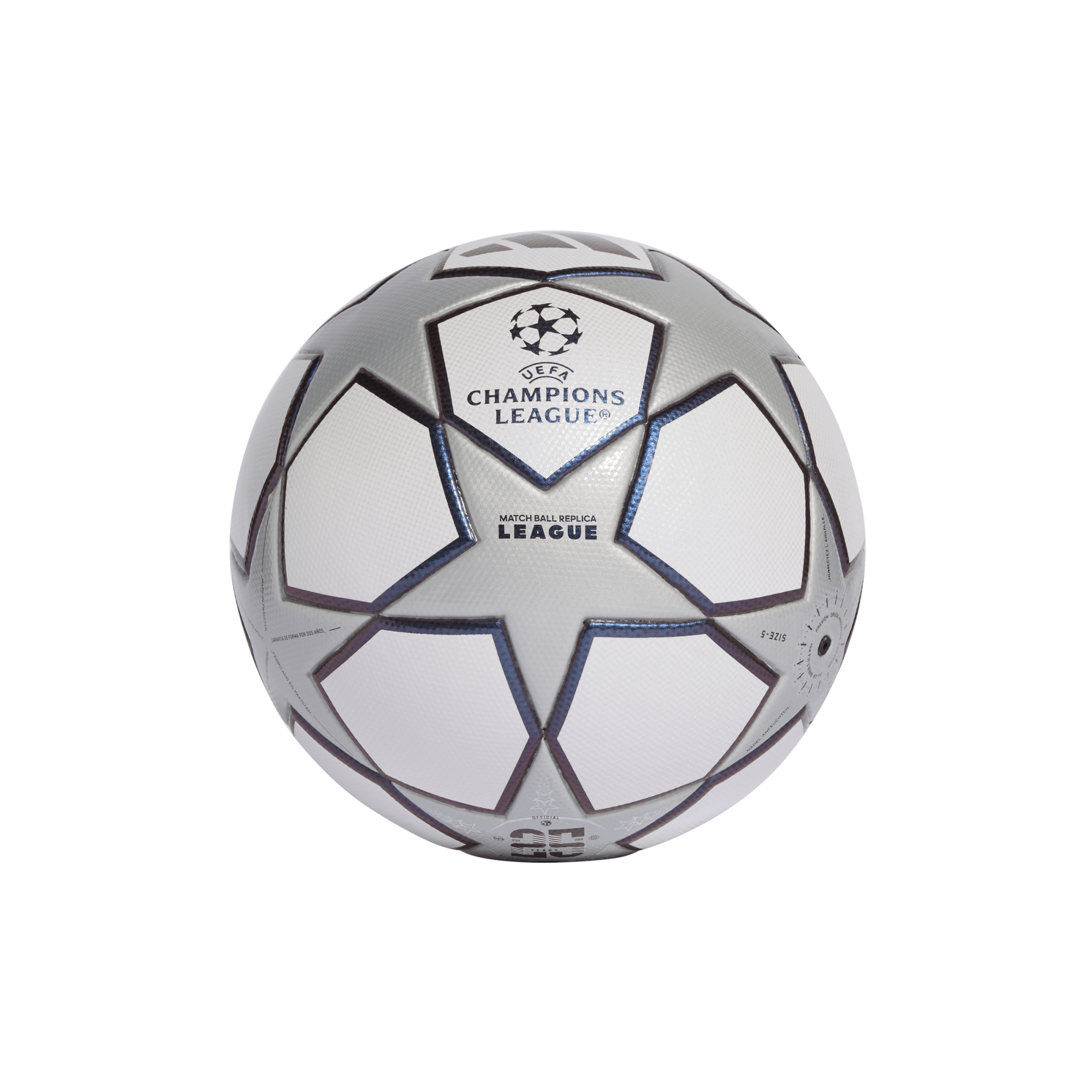 White and silver UEFA Champions League replica soccer ball with blue star panels on a black background.
