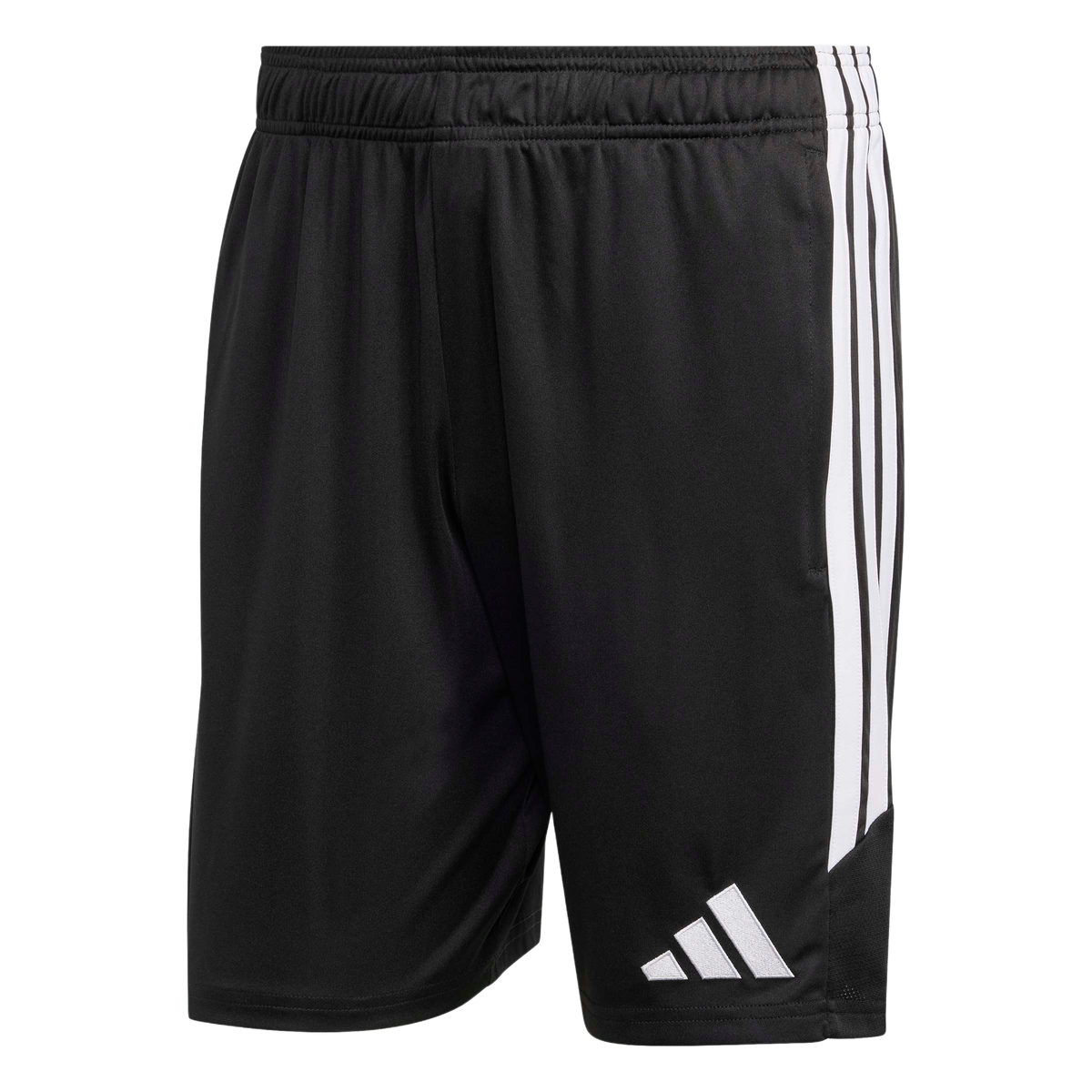 A front view of black Adidas athletic shorts with three white vertical stripes along the side and a white Adidas logo on the lower left leg.