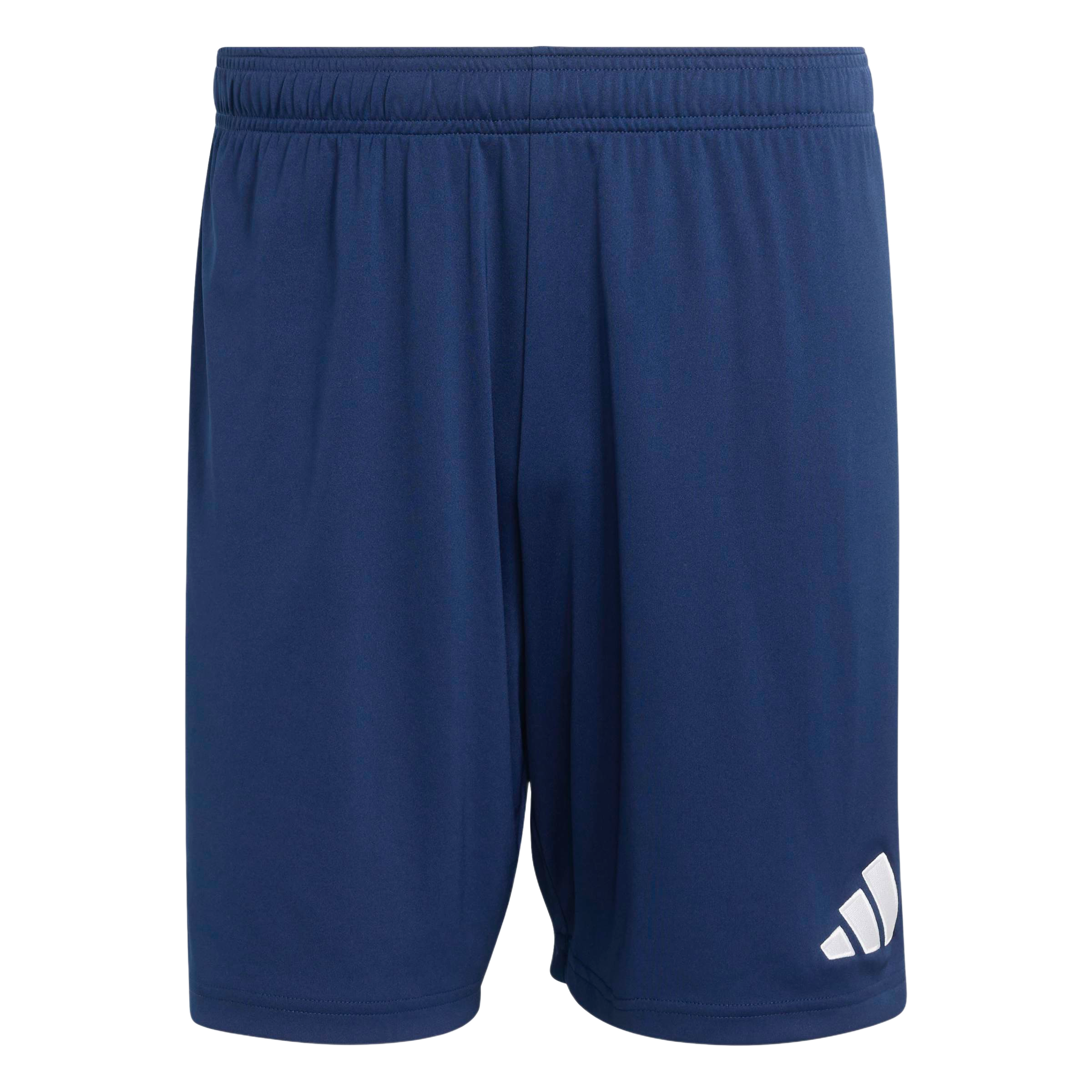 Front view of navy blue Adidas athletic shorts with an elastic waistband and a white logo on the lower right leg.