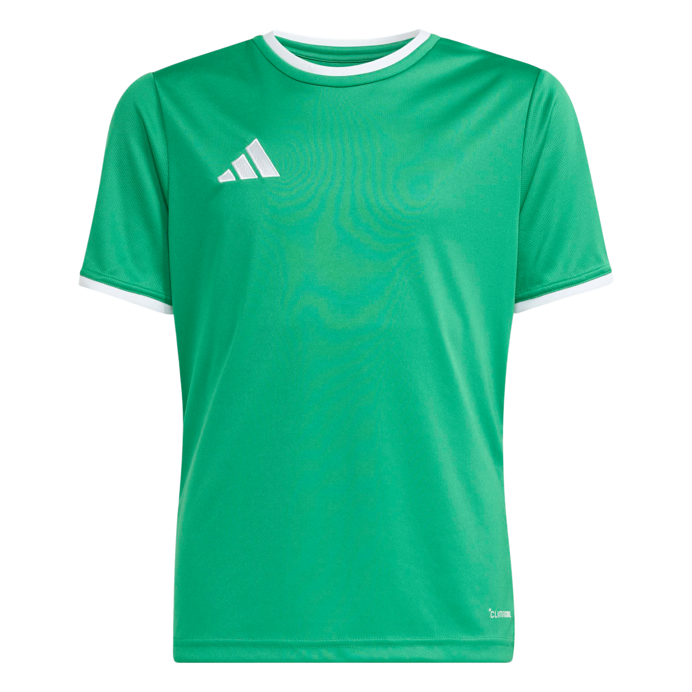 A bright green short-sleeved Adidas athletic t-shirt with a white crew neck, white sleeve cuffs, and a white Adidas logo on the upper left chest.