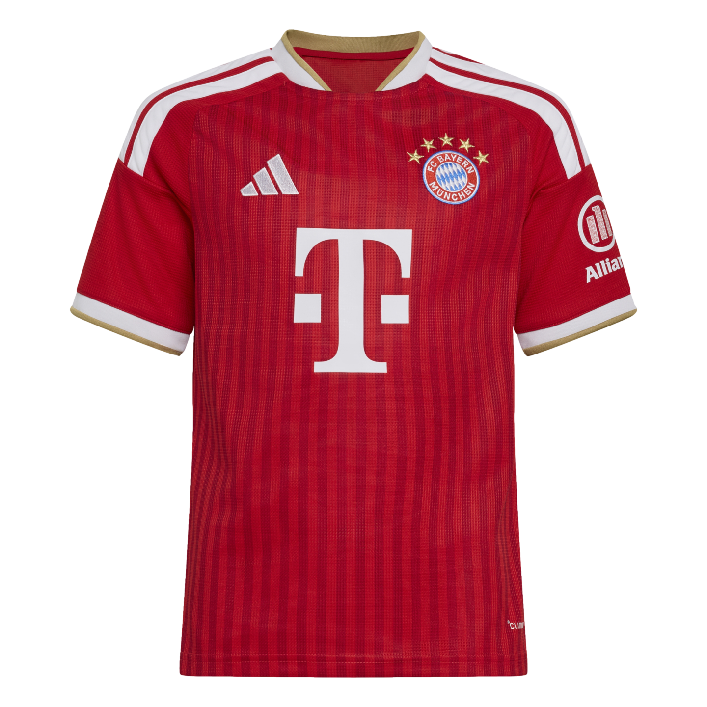 A red FC Bayern Munich football jersey with white and gold accents, featuring the team crest and a large white "T" sponsor logo on the front.