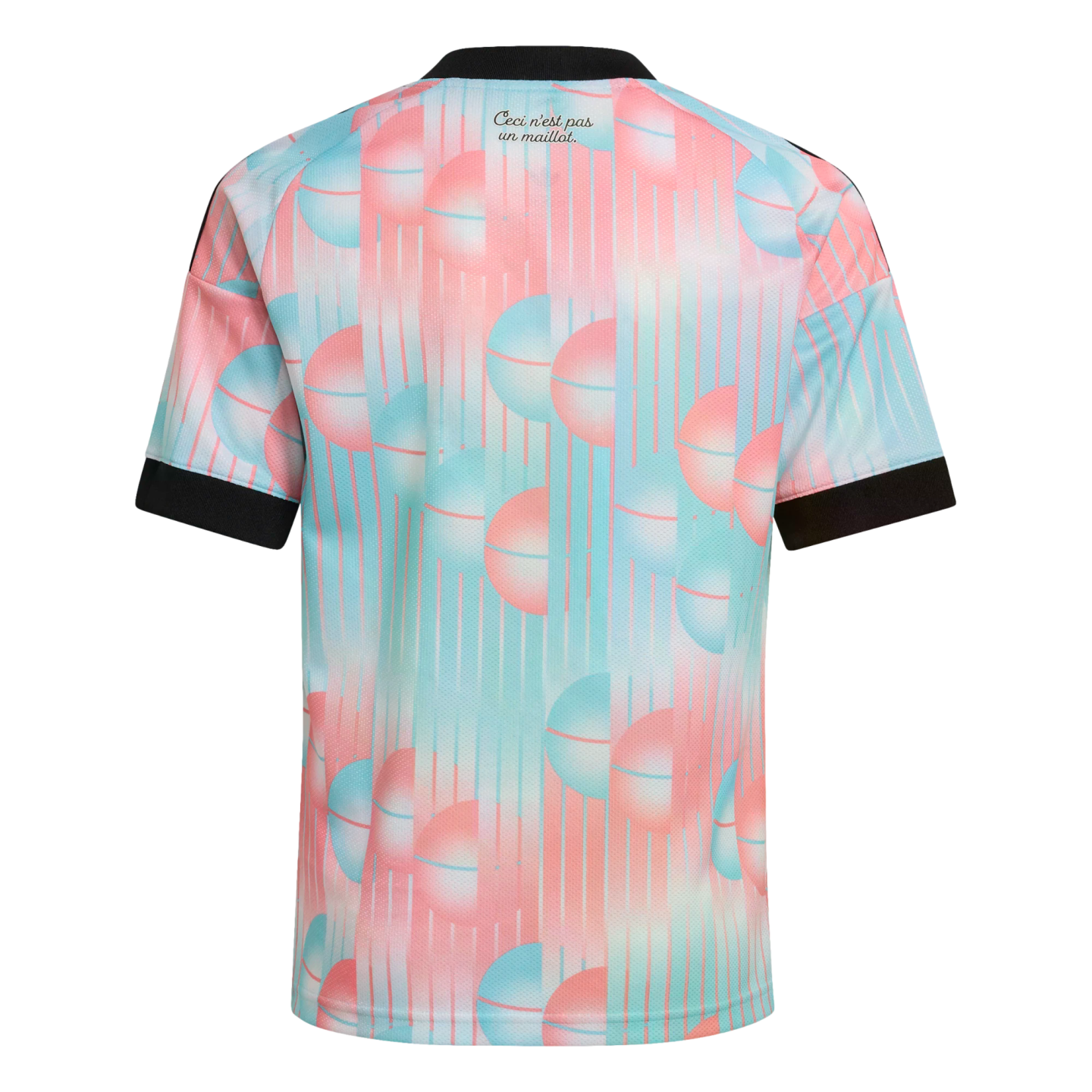 Back view of a short-sleeved jersey with a pink and blue sphere pattern and black trim. Text at the neck reads "Ceci n'est pas un maillot."