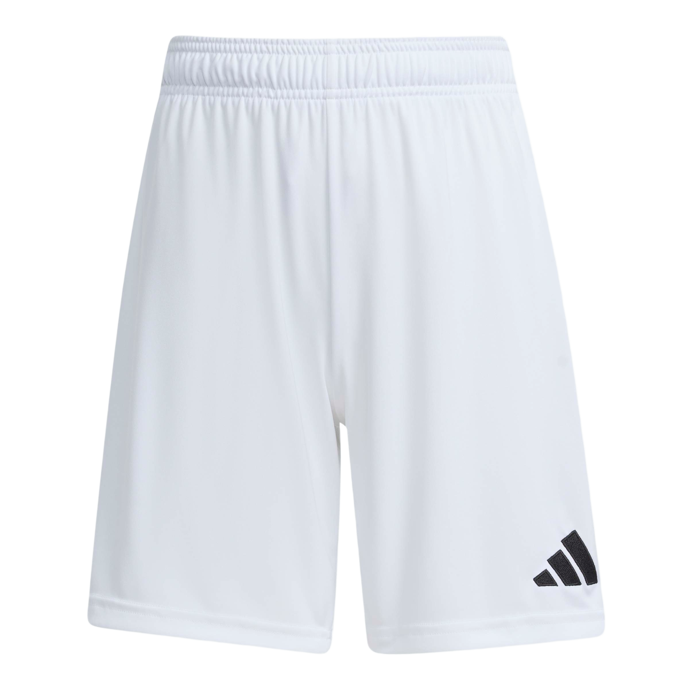 White Adidas athletic shorts featuring a black logo on the lower right leg and an elastic waistband.