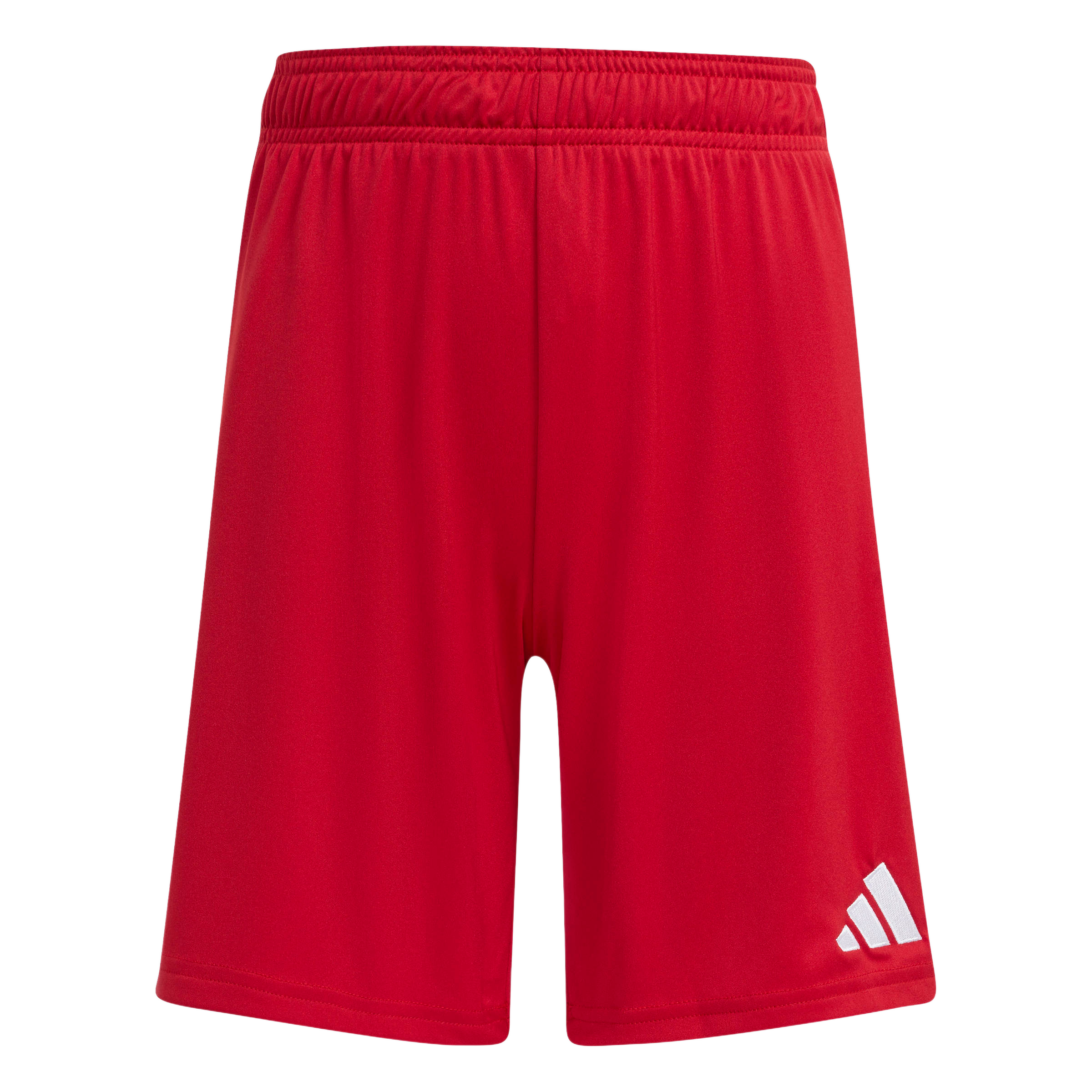 Bright red Adidas athletic shorts featuring an elastic waistband and a white performance logo on the lower right hem.