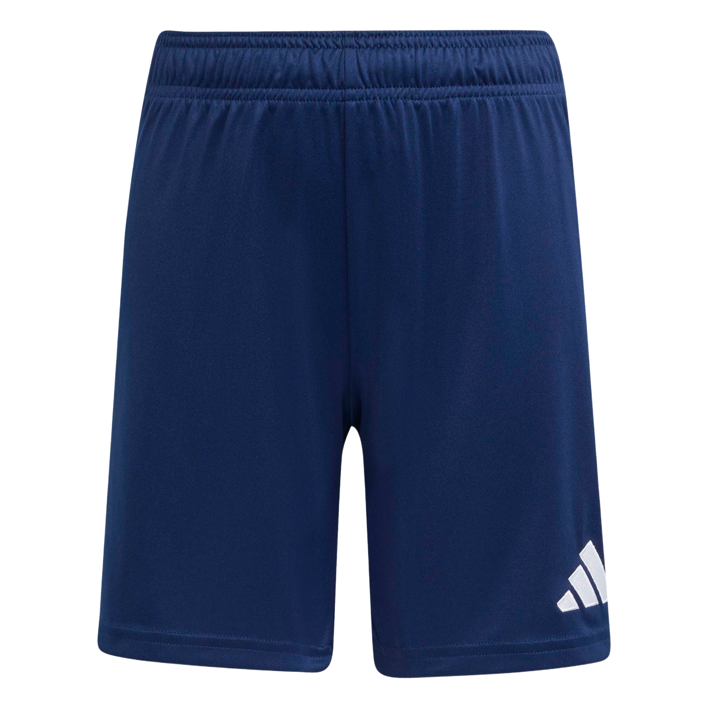 Navy blue Adidas athletic shorts with an elastic waistband and a white three-bar logo on the lower leg.