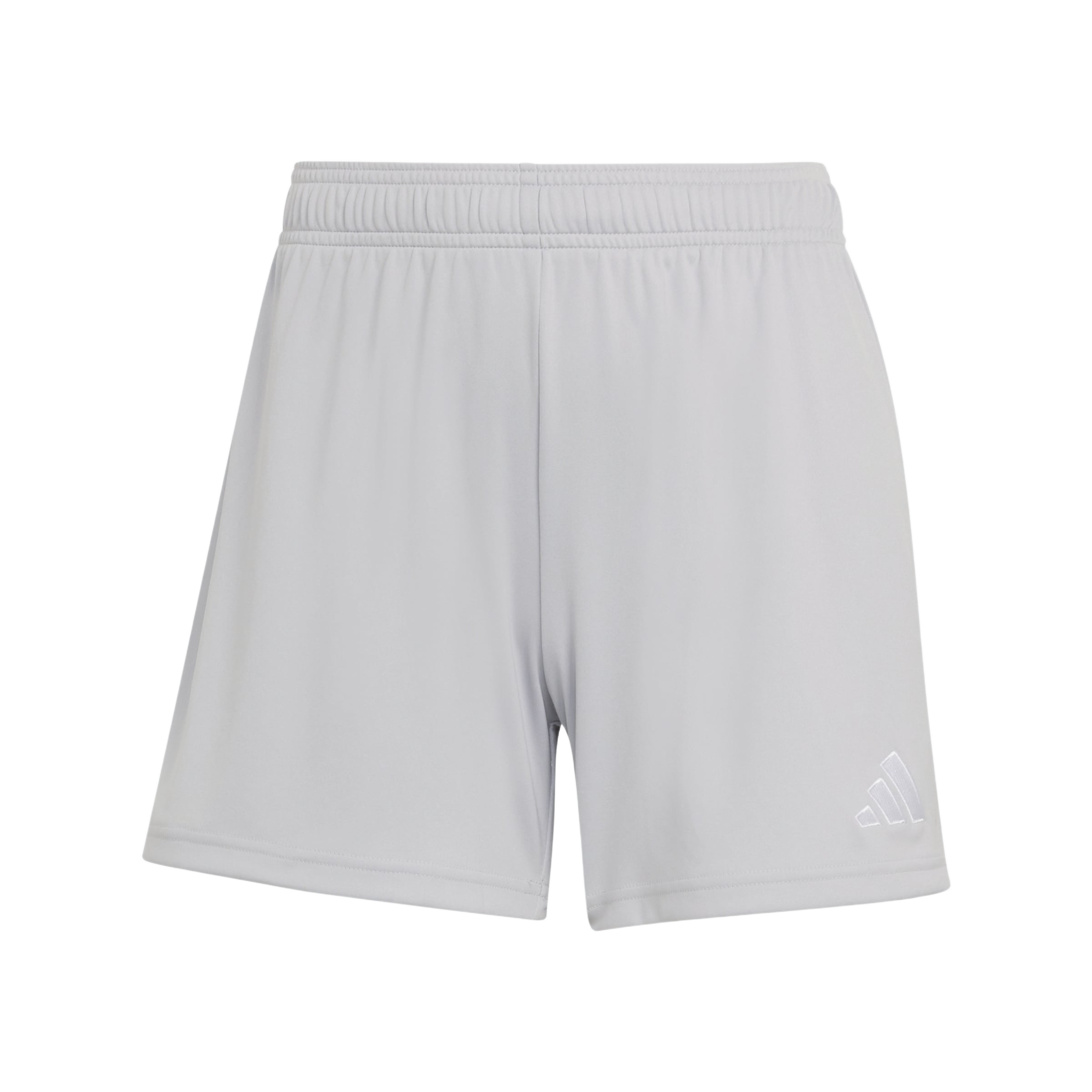 Front view of light gray Adidas athletic shorts with an elastic waistband and a white logo on the lower left leg.
