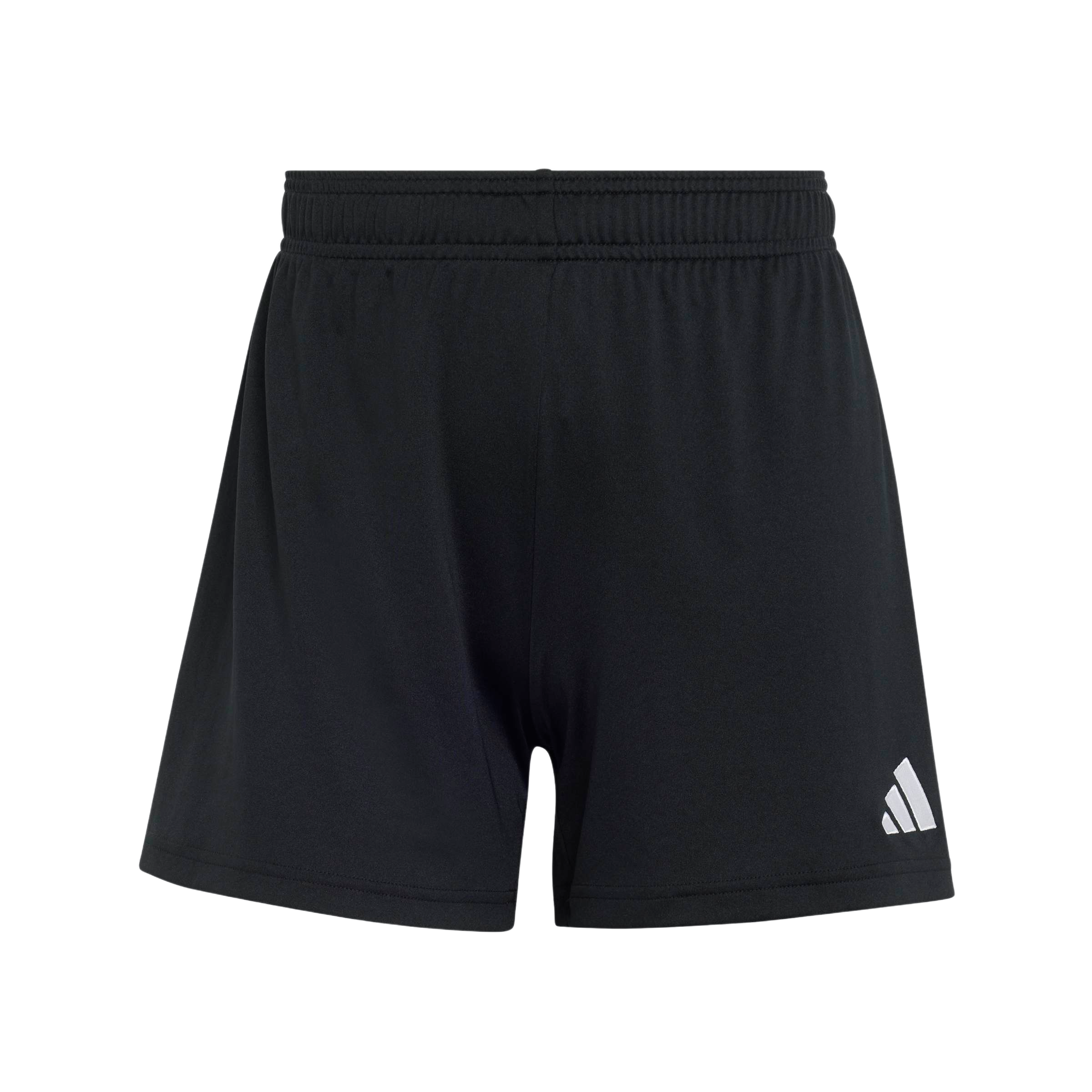 A pair of black athletic shorts with an elastic waistband and a white Adidas logo on the lower right leg.