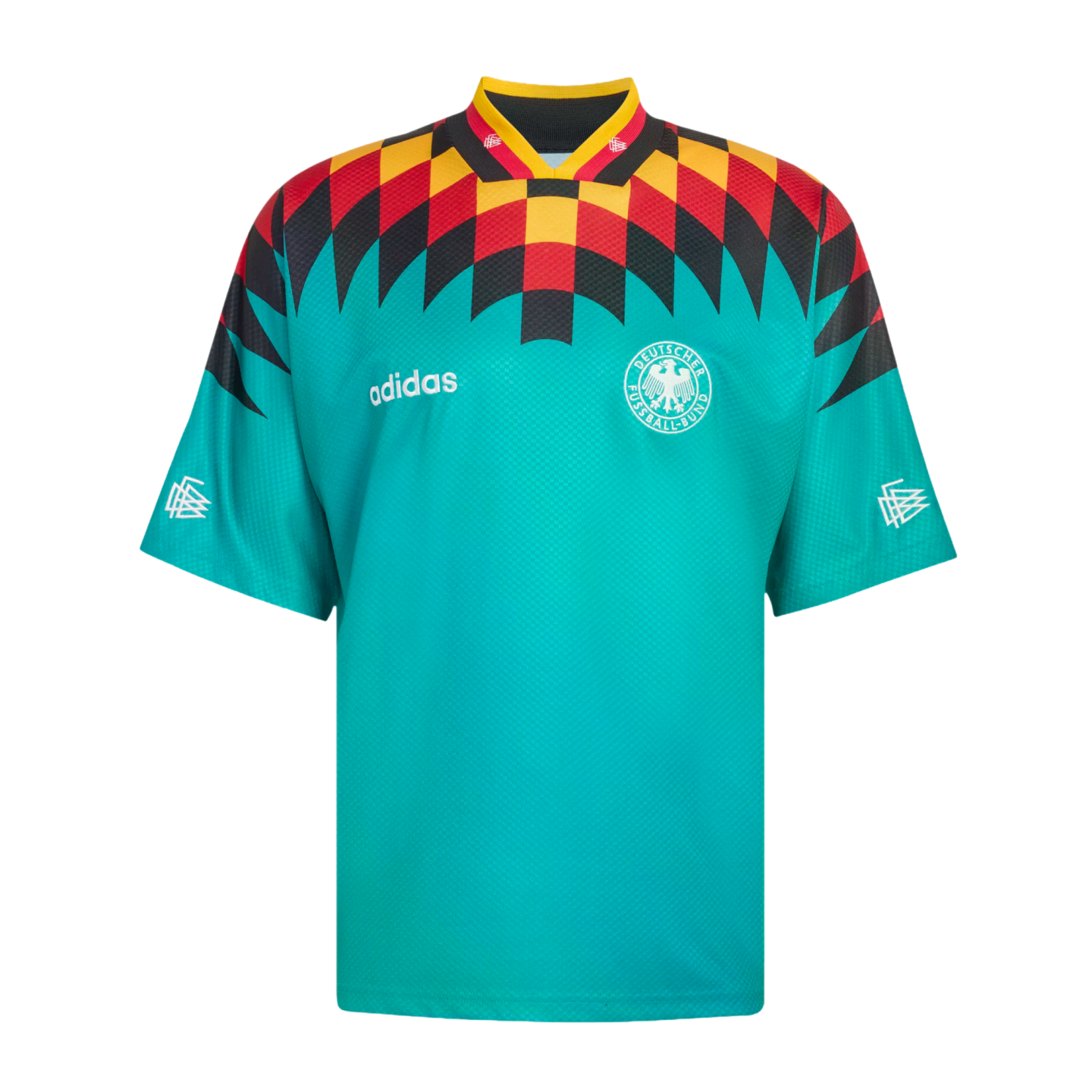 Teal Adidas Germany soccer jersey with a red, yellow, and black geometric diamond pattern across the chest and shoulders, featuring the national team crest and white Adidas logo.