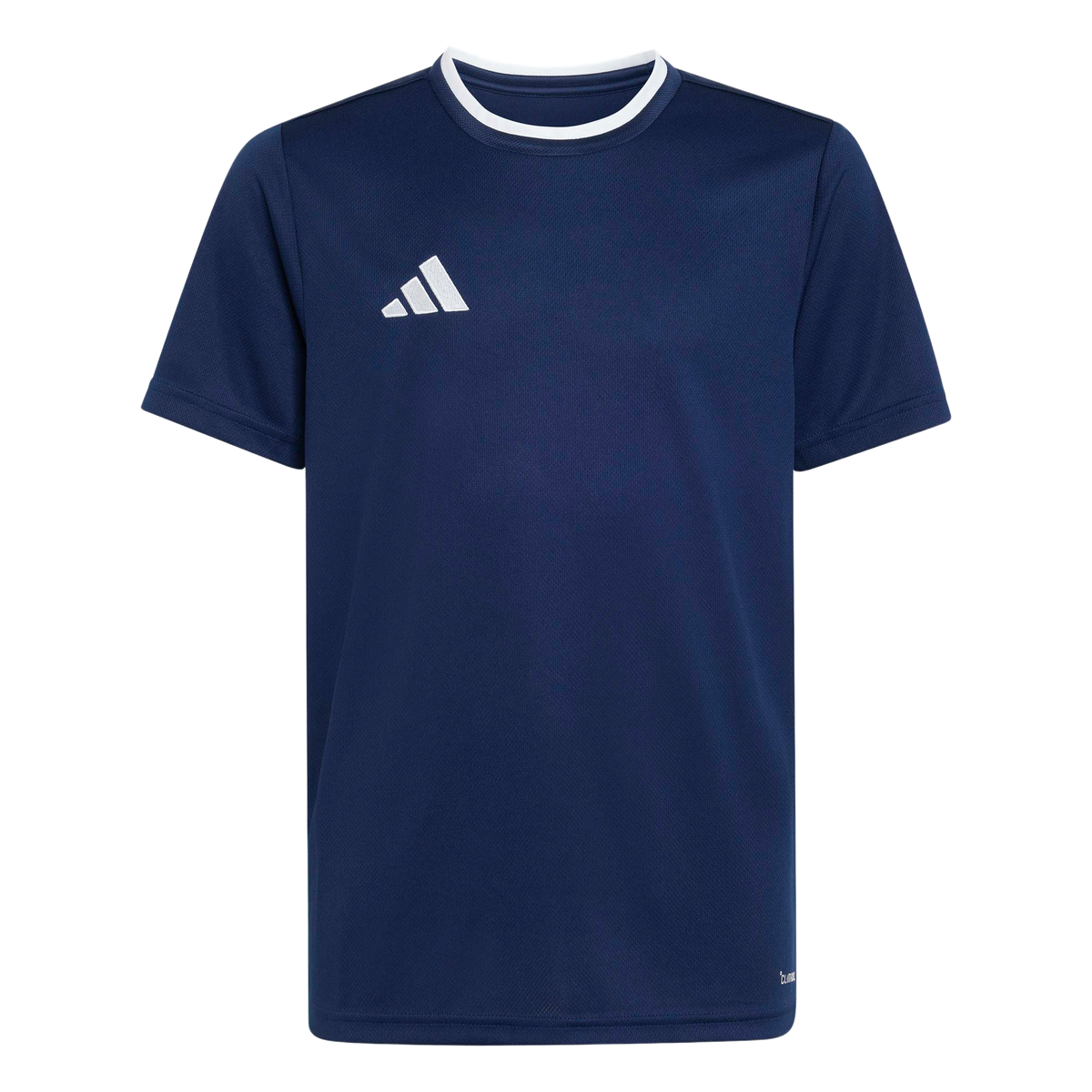 A navy blue short-sleeve Adidas athletic shirt with a white crew neck collar and a white logo on the right chest.