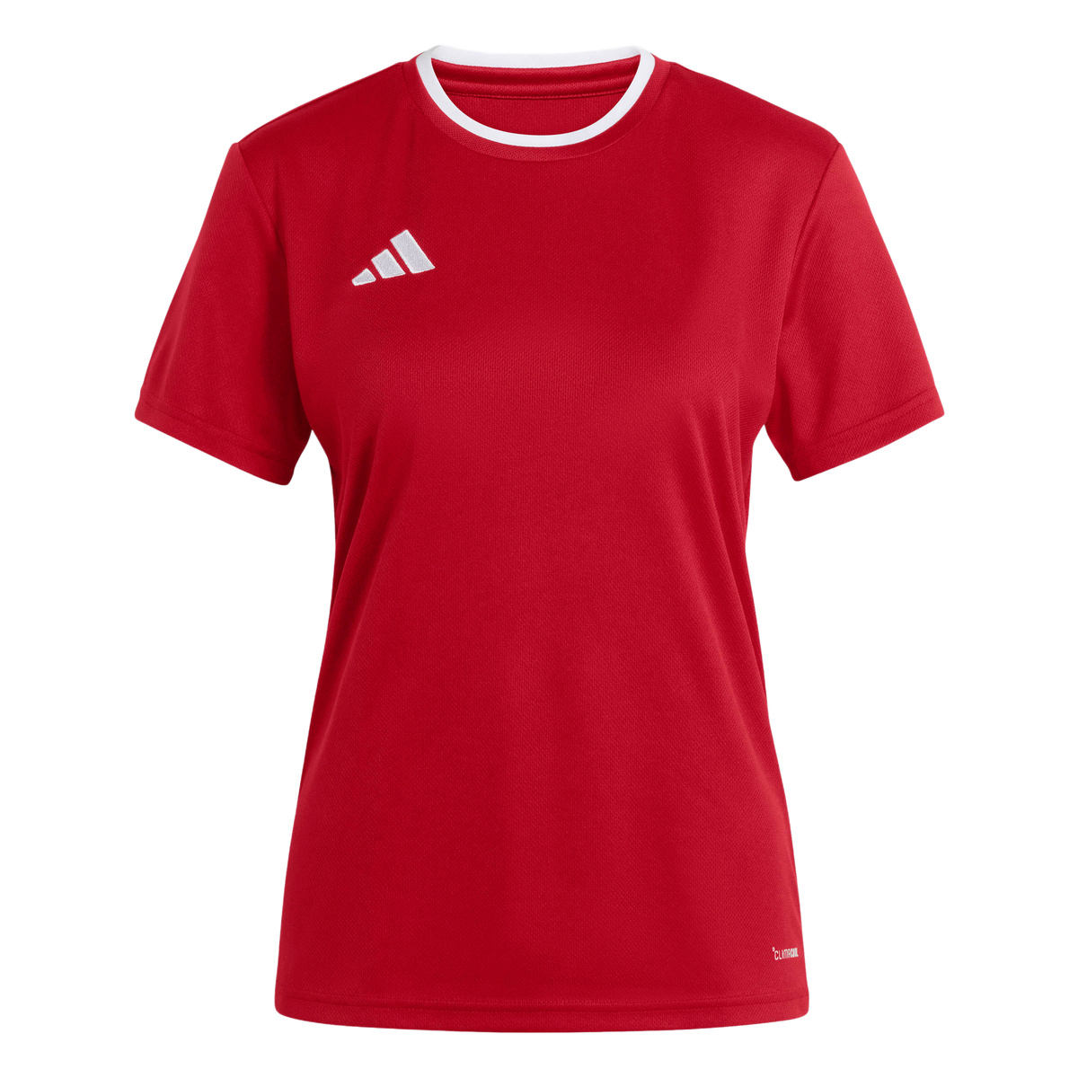 Red short-sleeved Adidas t-shirt featuring a white crew neck and a small white logo on the upper chest.