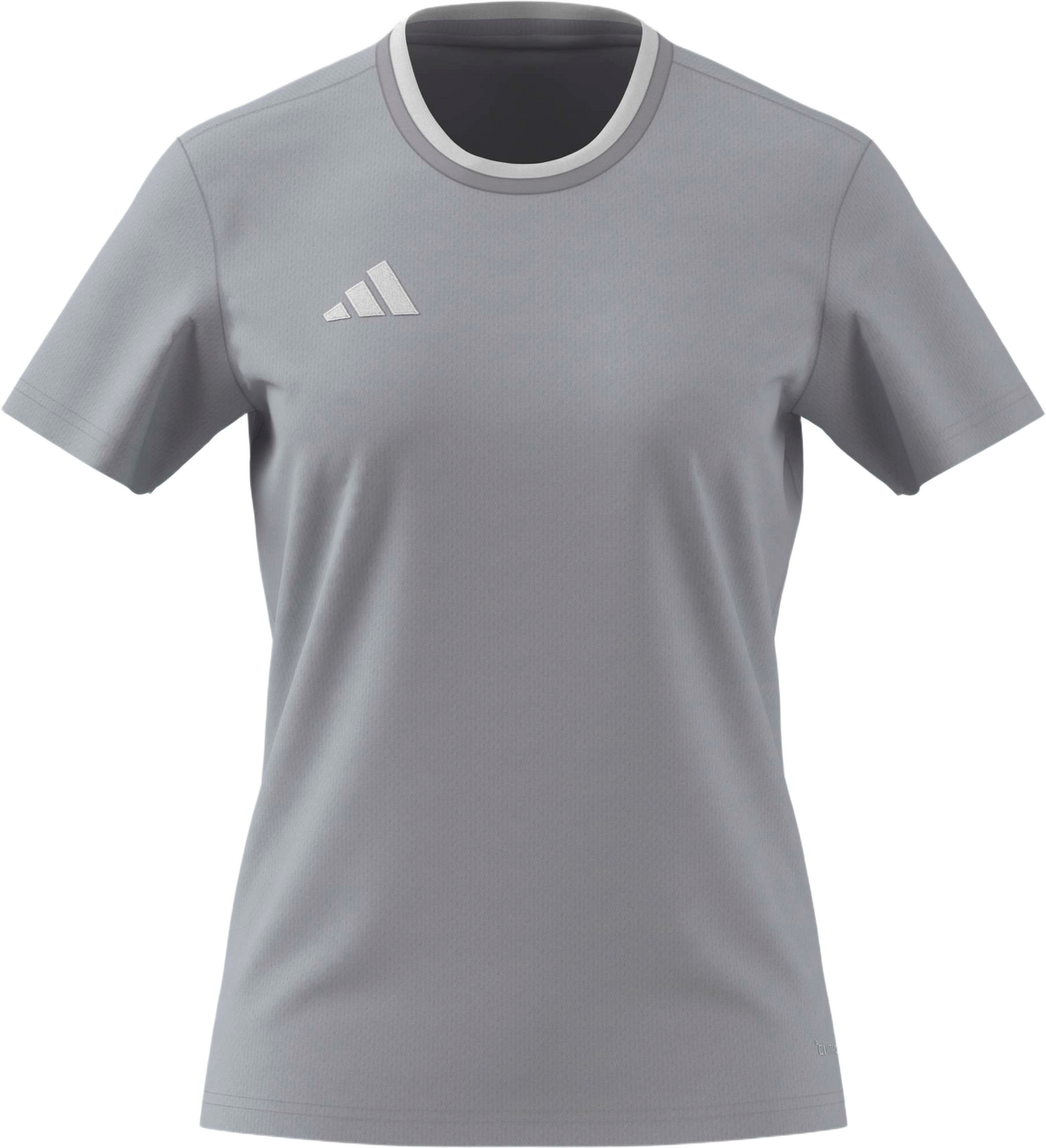 A grey, short-sleeved athletic T-shirt with a white crew-neck collar and the Adidas logo on the right chest.