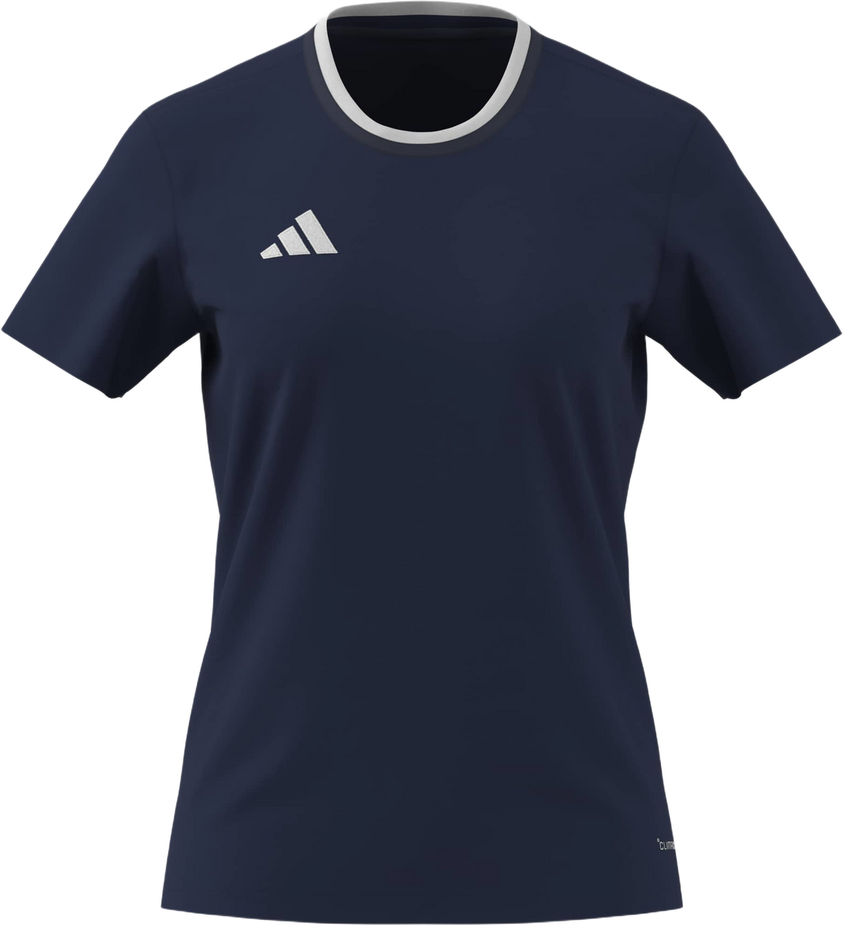 Navy blue short-sleeved Adidas t-shirt featuring a white crew neck collar and a white Adidas logo on the upper left chest.
