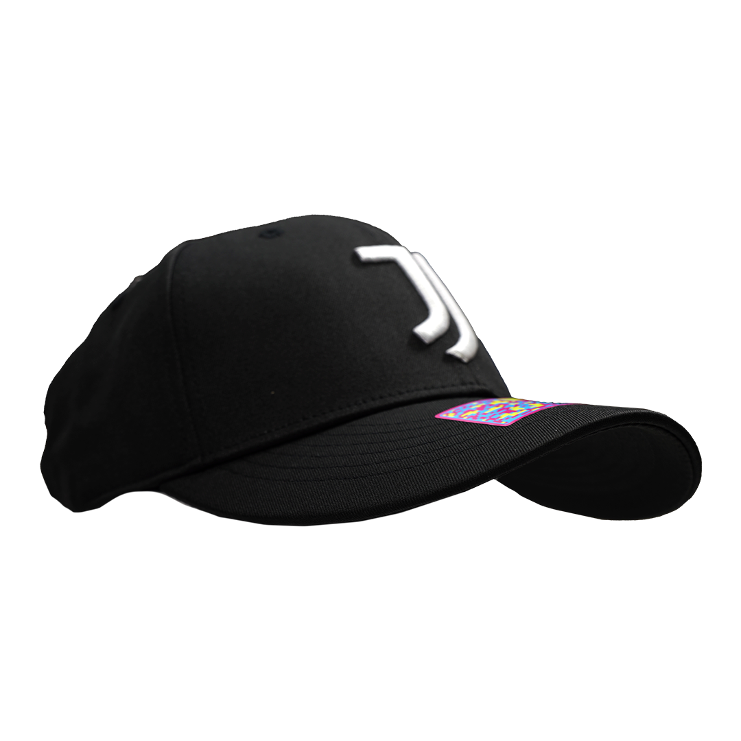 A black Juventus Houston Standard Adjustable Cap featuring the club's white stylized "J" logo on the front and a colorful sticker on its curved brim.