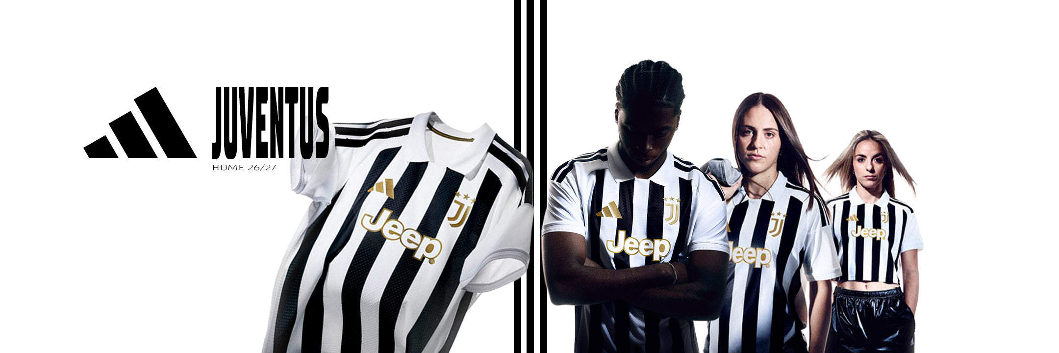 Promotional image for the Adidas Juventus 26/27 home kit featuring a close-up of the black and white striped jersey and three players wearing it.