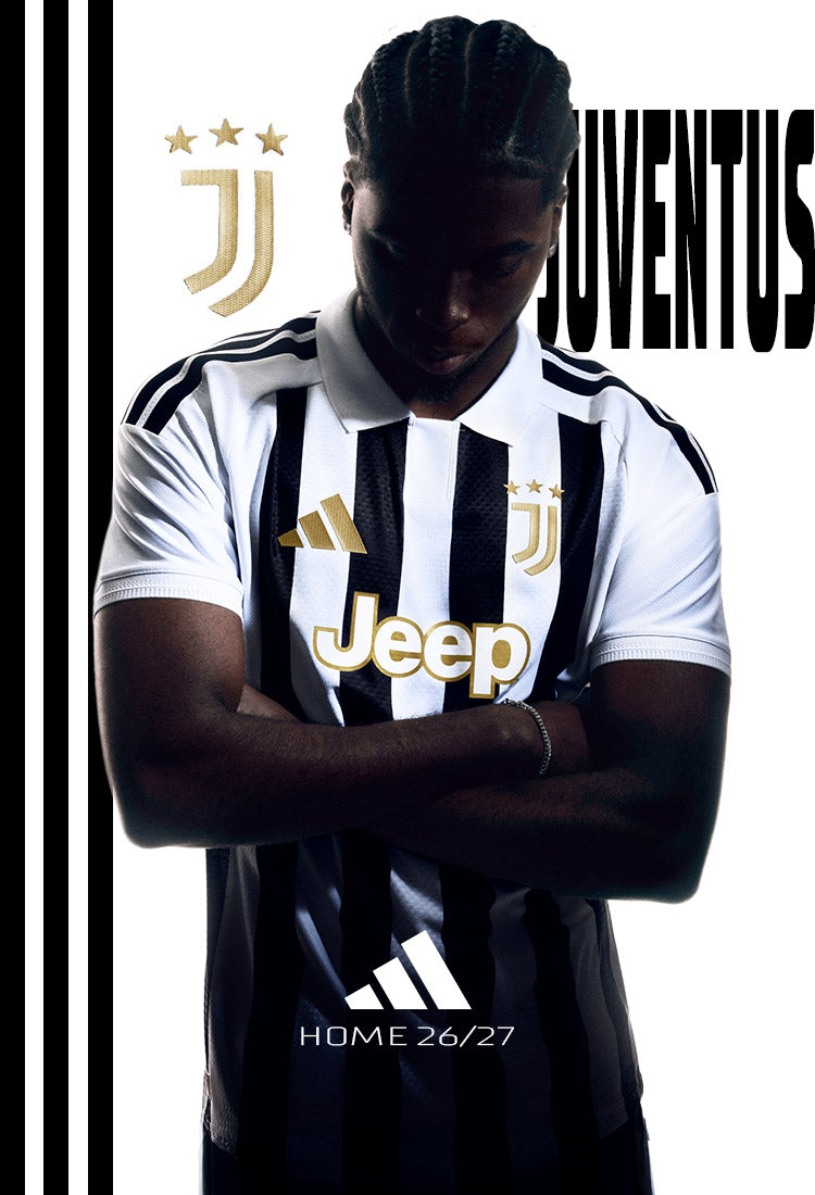 Promotional graphic for a Juventus 26/27 home kit. A player in a black and white striped jersey with gold logos poses with arms crossed. Text reads "JUVENTUS" and "HOME 26/27".