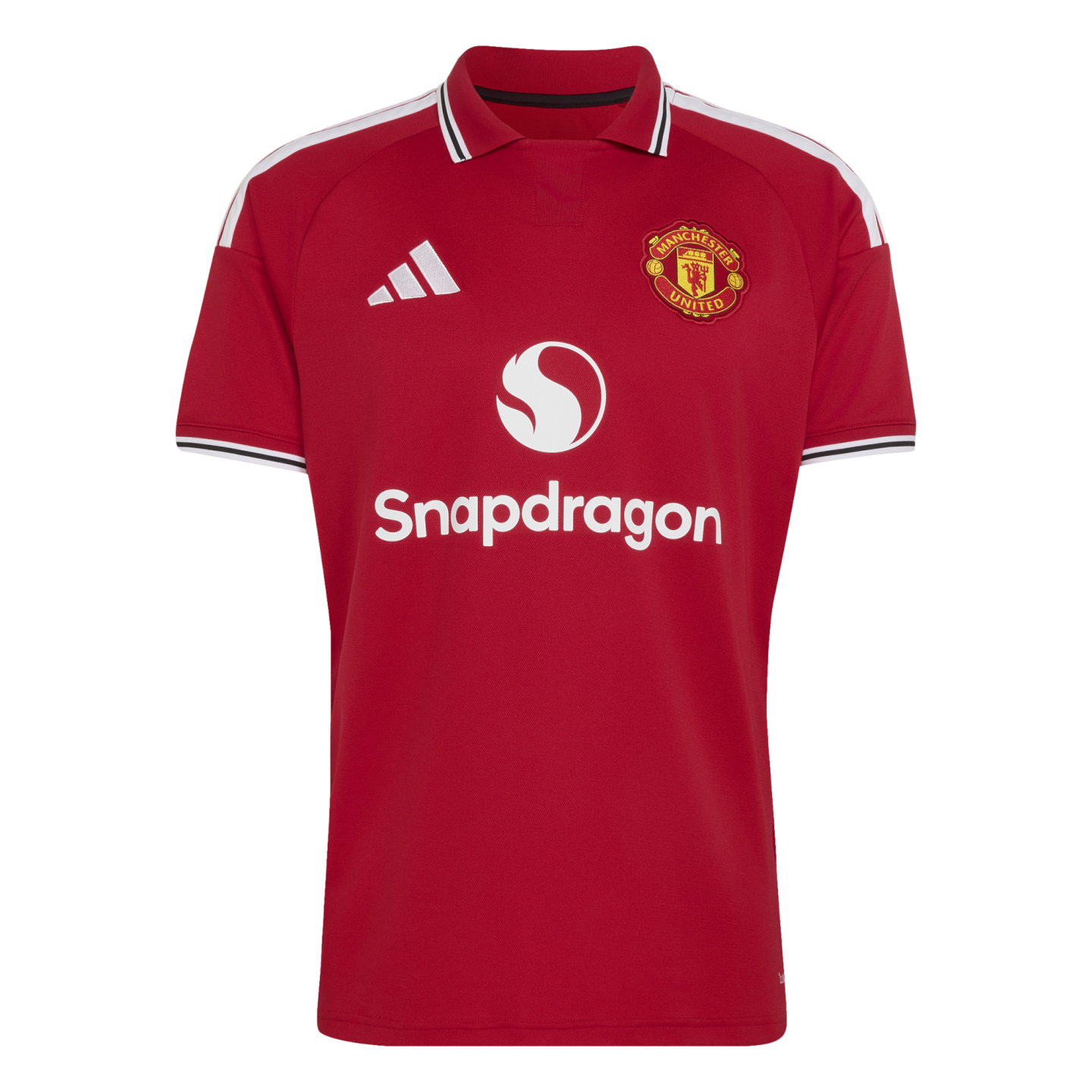 Red 2024/25 Manchester United home jersey featuring white Adidas stripes, the club crest, and a white Snapdragon sponsor logo centered on the front.
