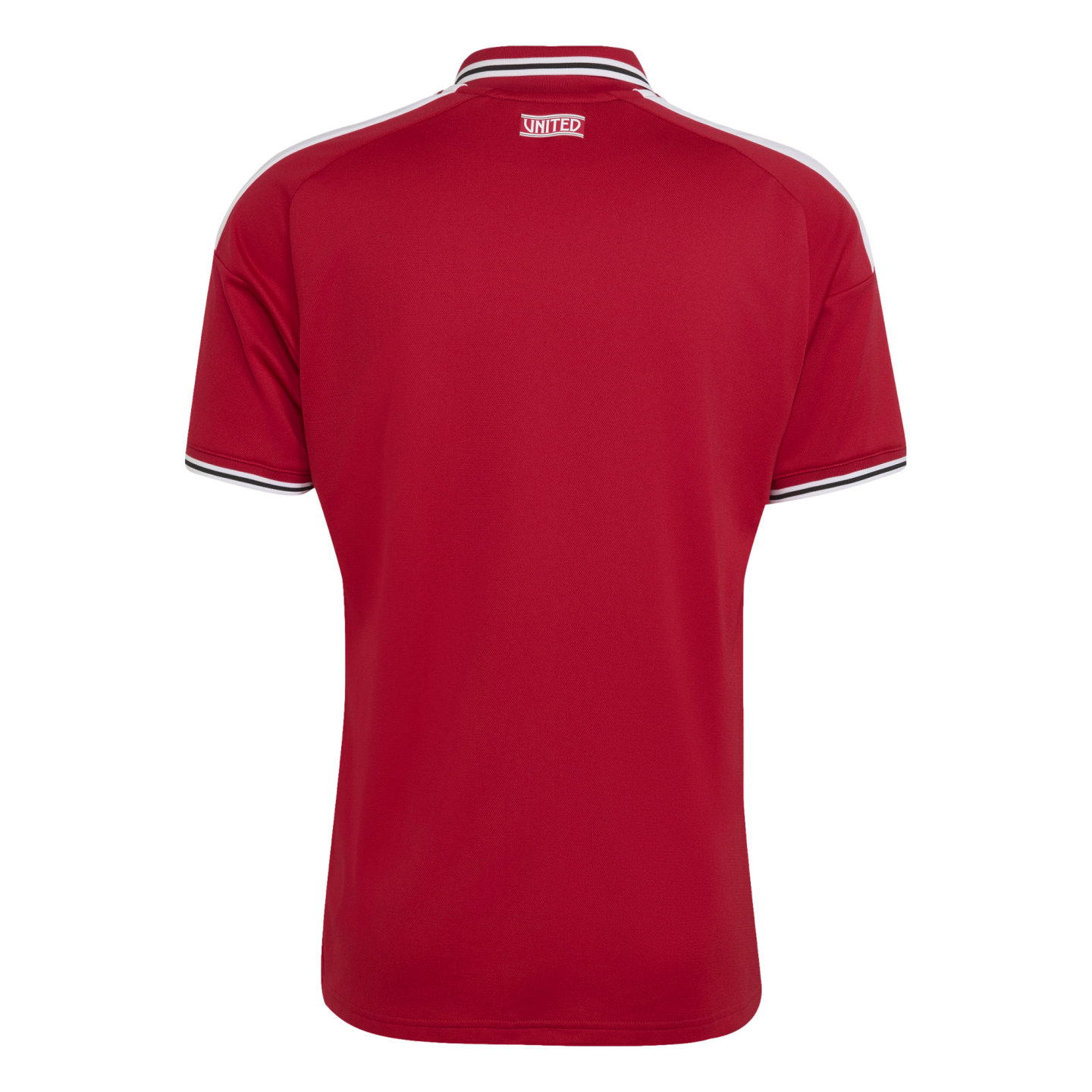 Rear view of a red short-sleeved jersey with white shoulder stripes and a striped collar featuring the word "UNITED" on the back neck.