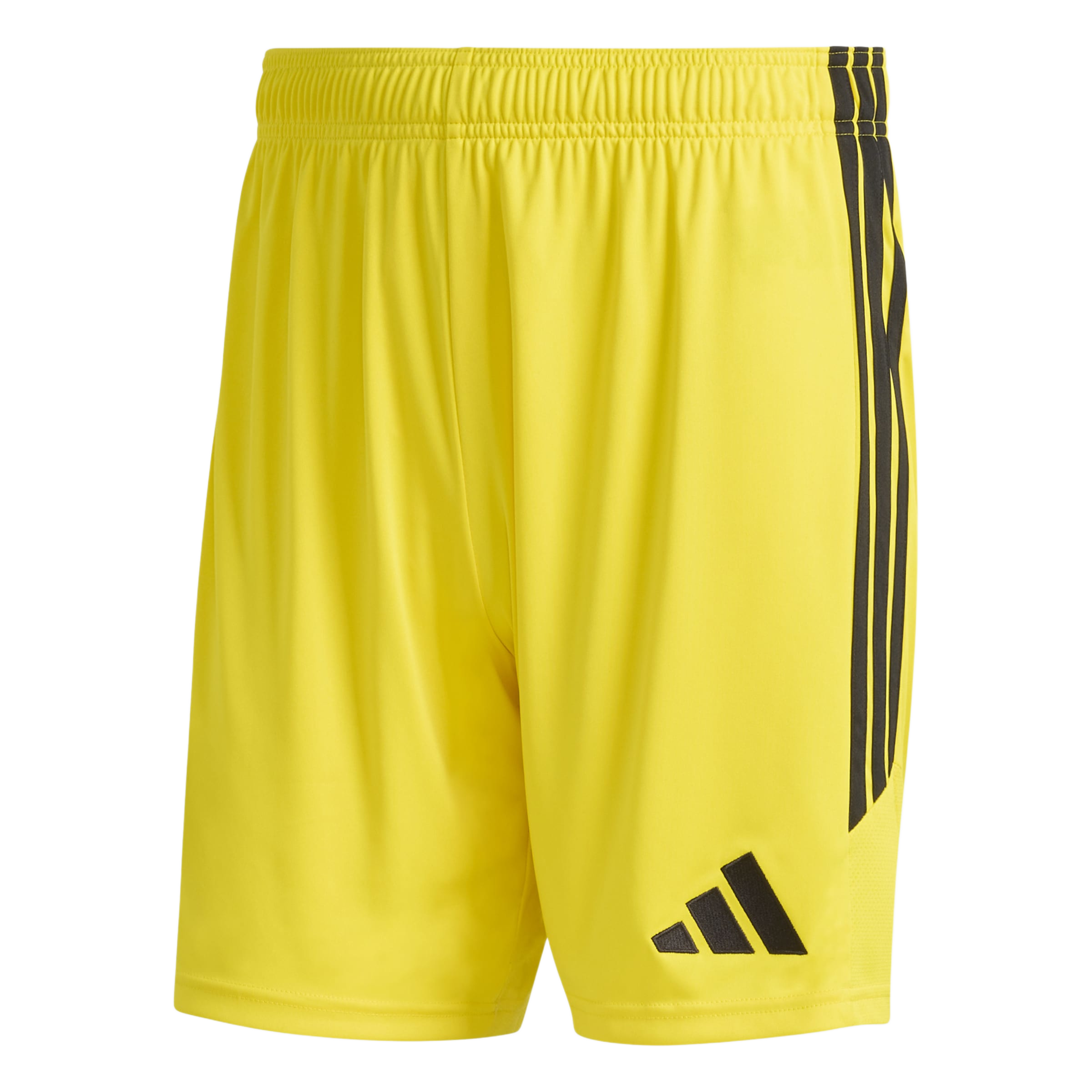 Bright yellow athletic shorts featuring three vertical black stripes on the side and a black Adidas performance logo on the lower left leg.