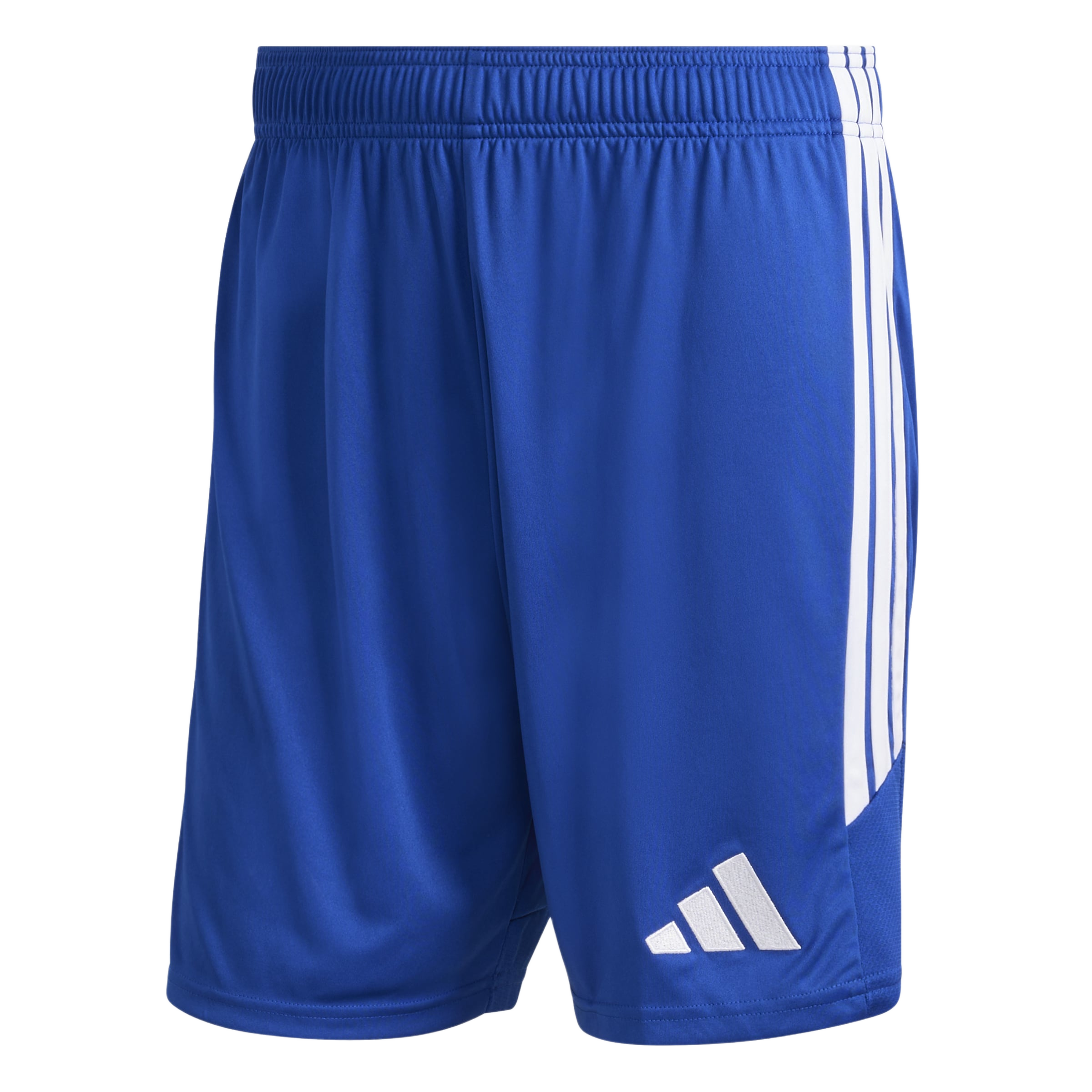 Royal blue Adidas athletic shorts with three white vertical stripes on the right side and a white brand logo on the bottom left leg.