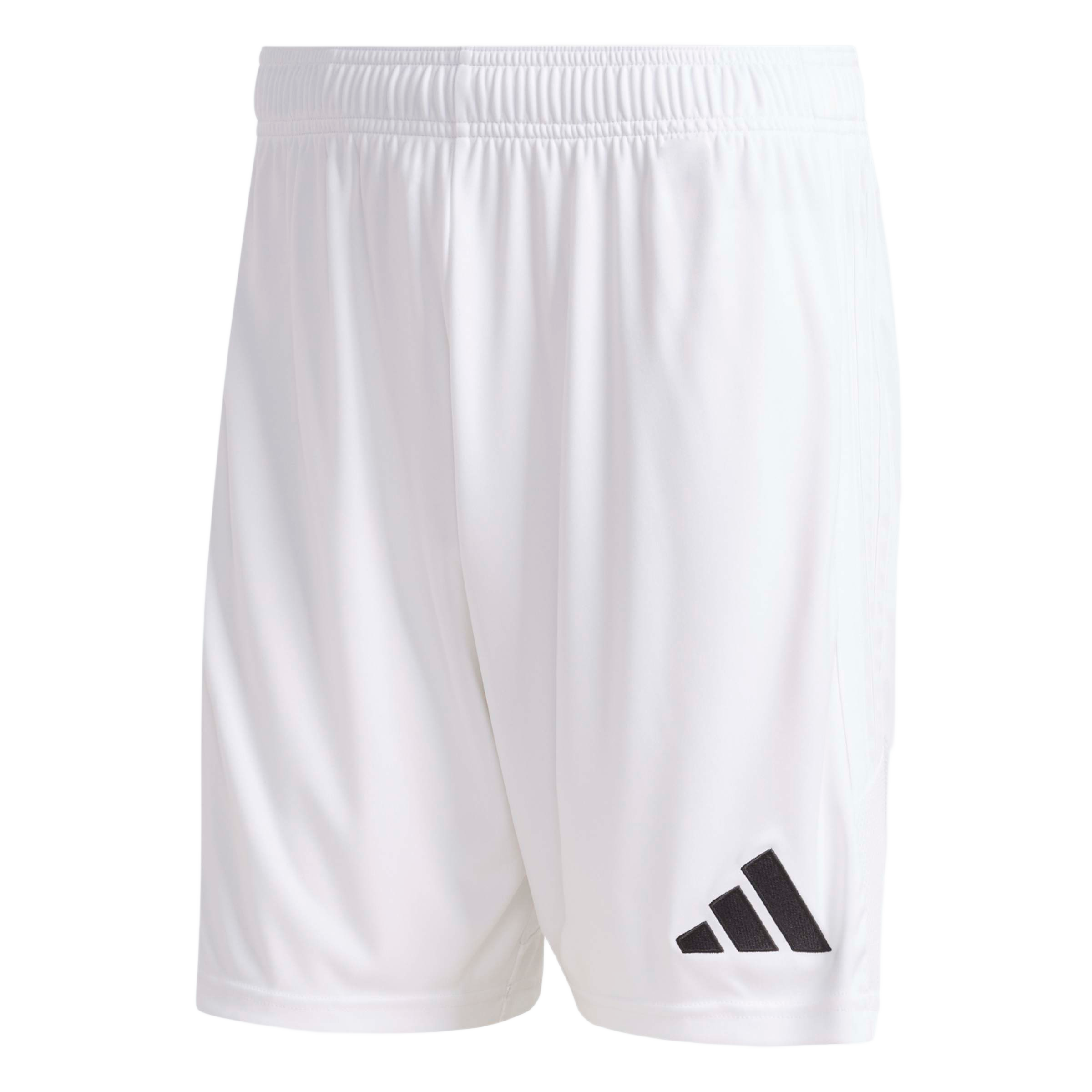 White athletic shorts with an elastic waistband and a black Adidas logo on the lower left leg.
