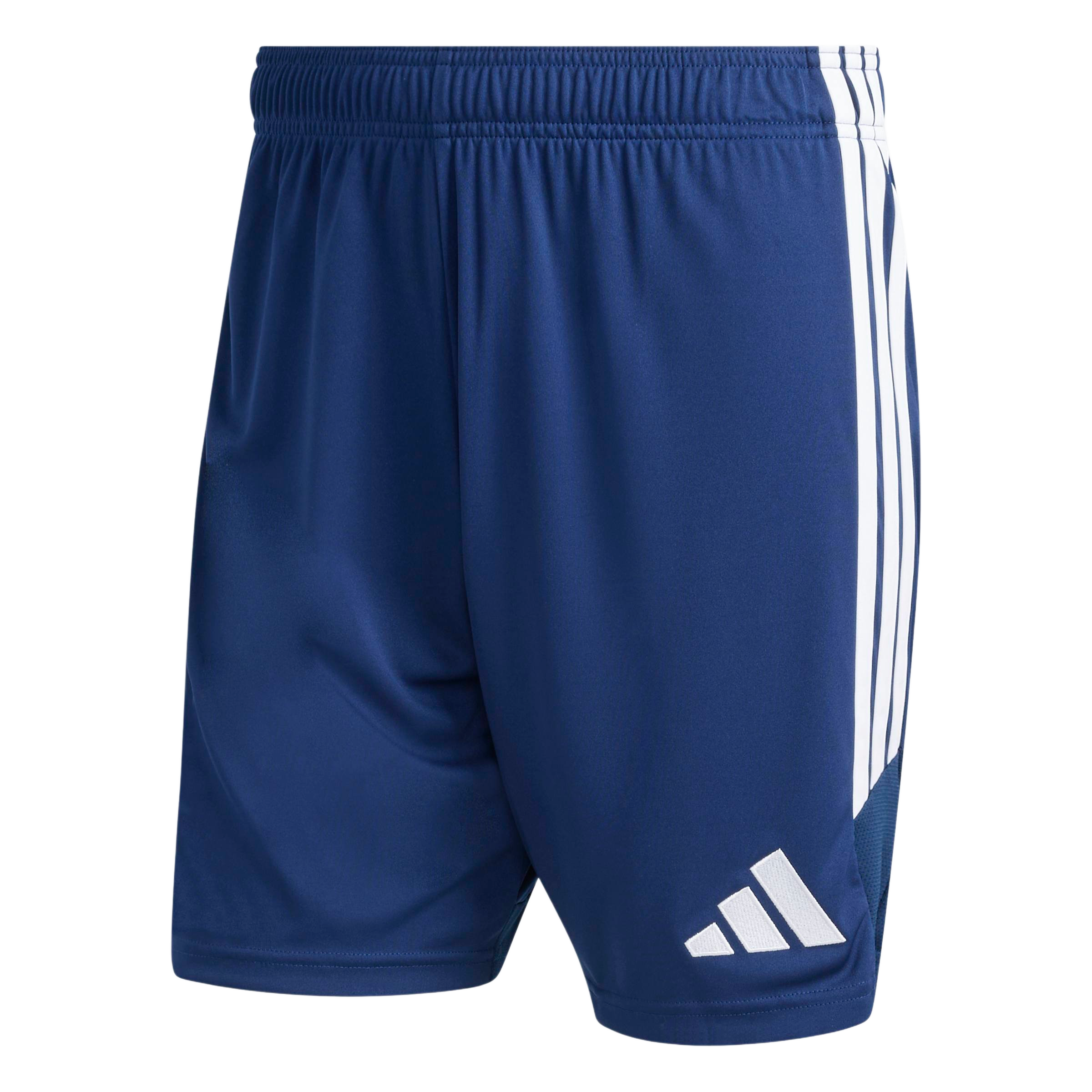 Navy blue Adidas training shorts featuring three white side stripes and a white logo on the lower left leg.
